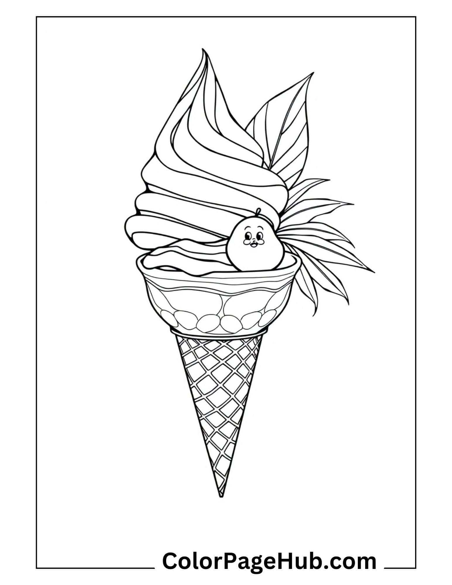 Tropical ice cream coloring page showing a smiling cone with pineapple character and leafy decoration, perfect for kids who love cute desserts.
