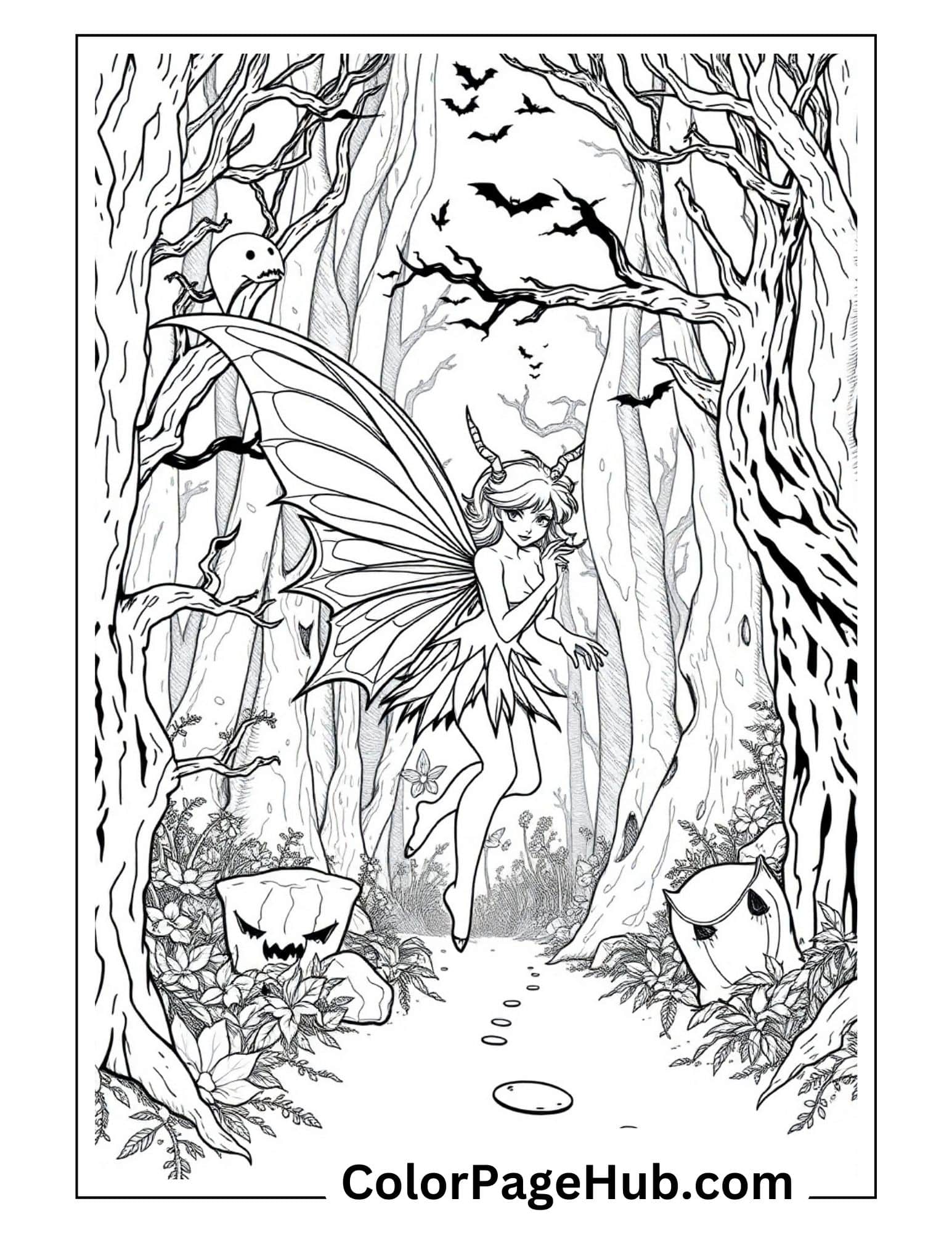 Halloween fairy coloring page with winged fairy in spooky forest surrounded by bats, jack-o-lanterns, and ghostly tree faces in haunted woodland