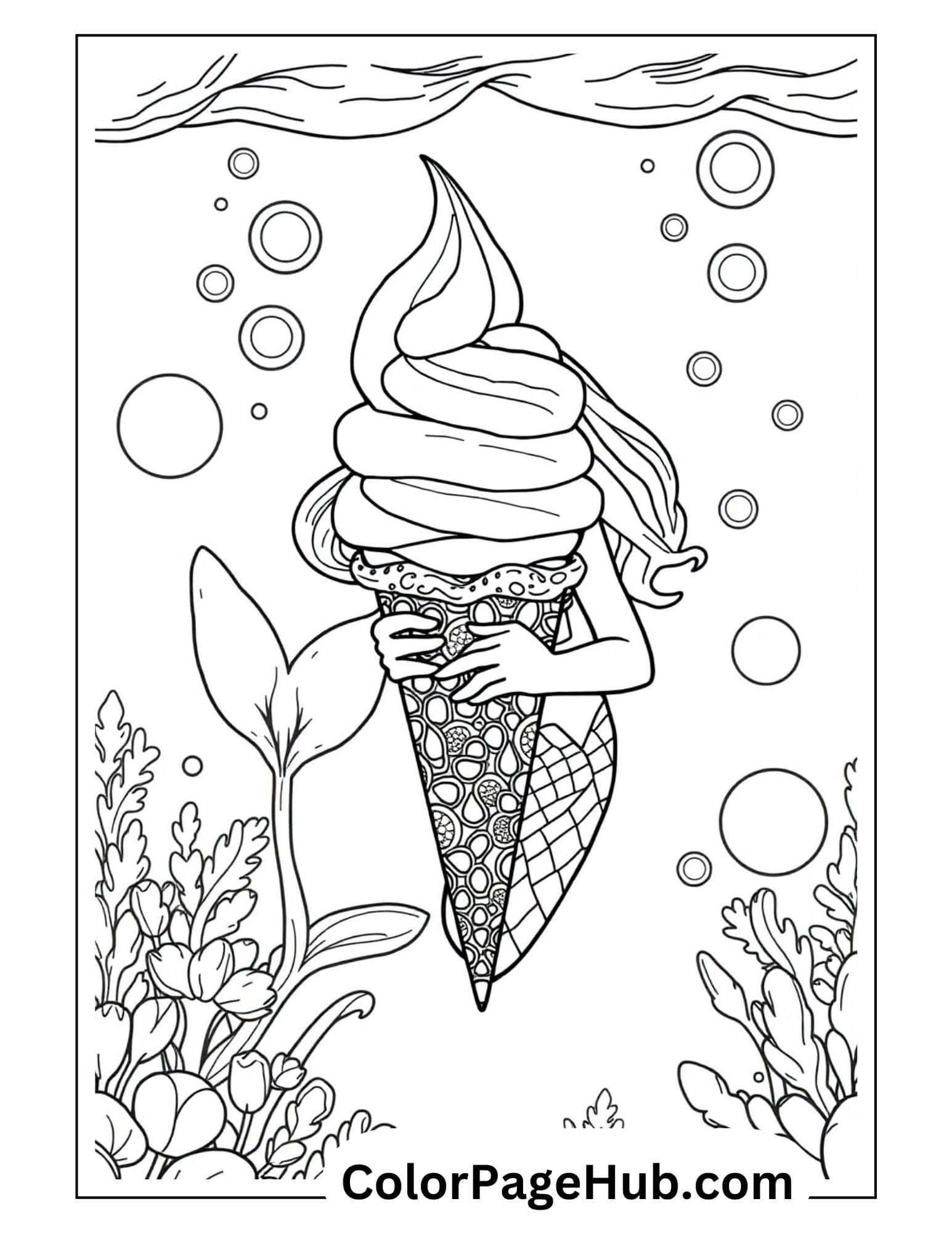 Mermaid ice cream coloring page showing an underwater scene with a magical sea creature enjoying a swirled cone.