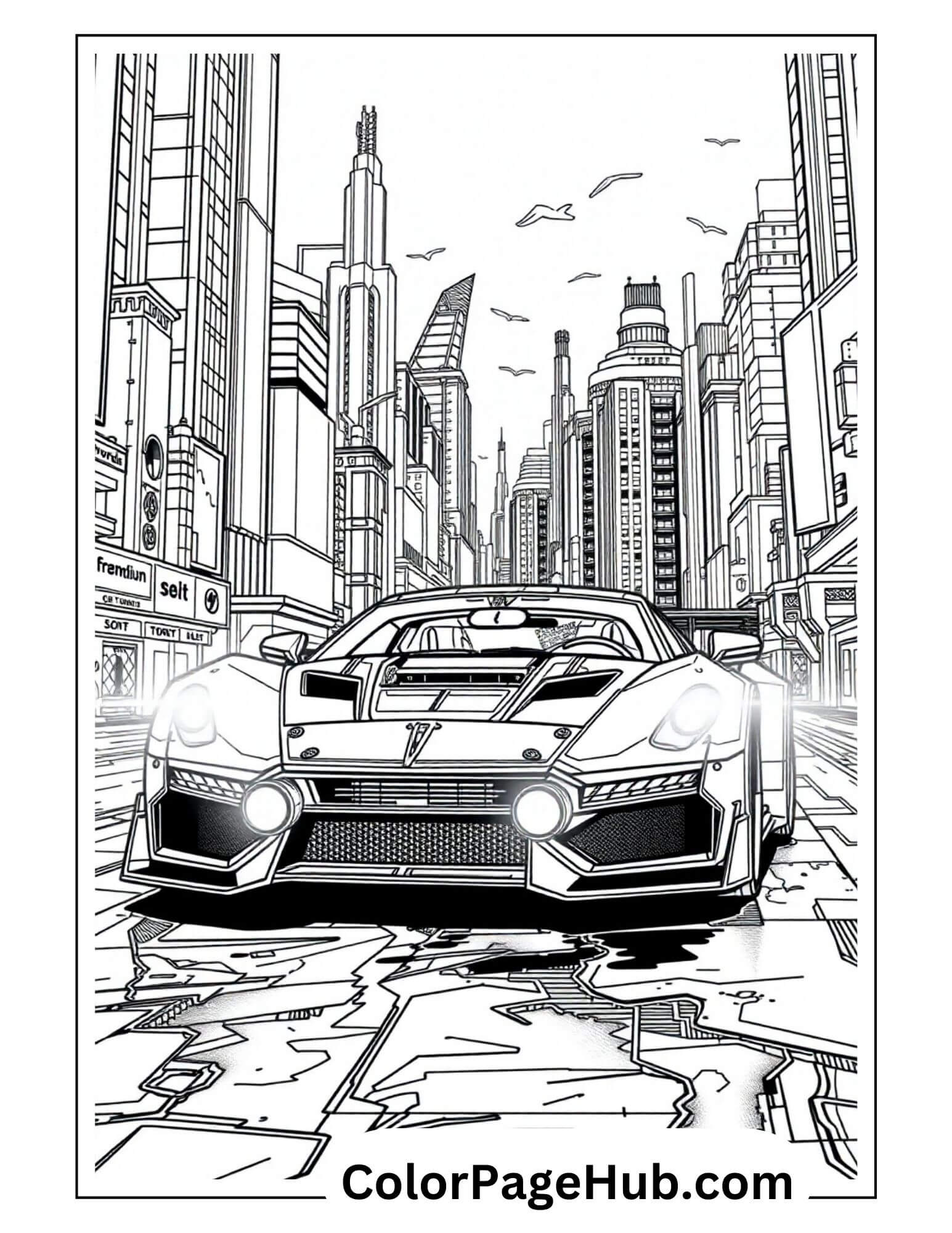 Futuristic supercar with headlights on in rain-slicked downtown metropolis - detailed urban Cars Coloring Page