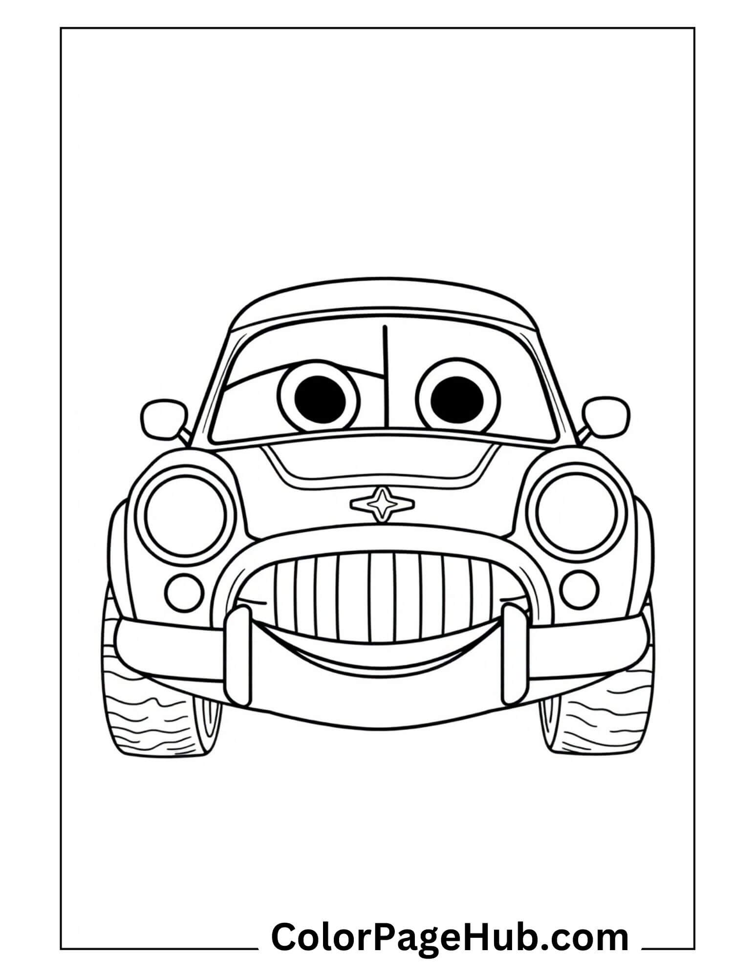 Smiling cartoon car with big eyes and happy expression - cute animated Cars Coloring Page for preschoolers