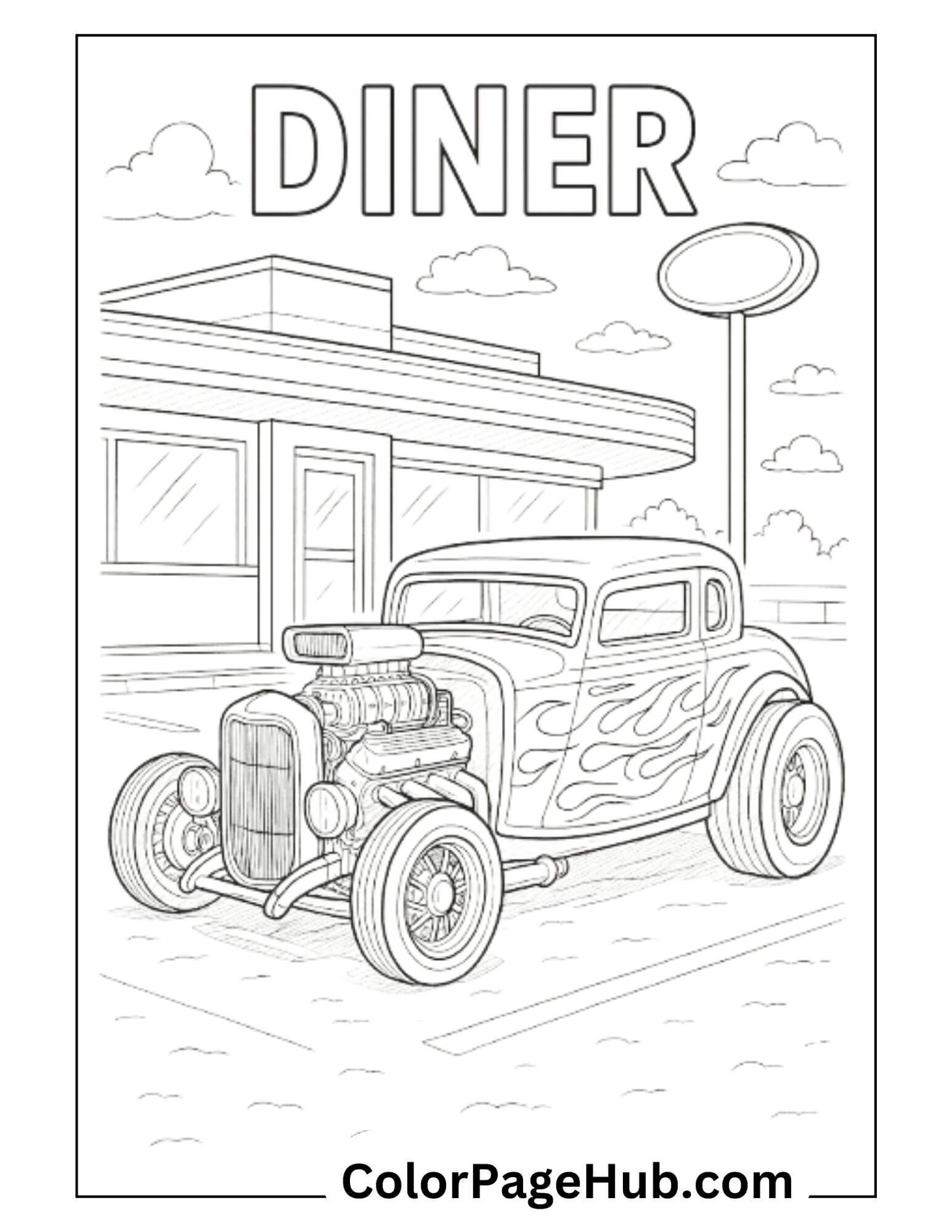Cars Coloring Page featuring a vintage hot rod with flame designs parked near a classic diner, perfect for kids' coloring fun