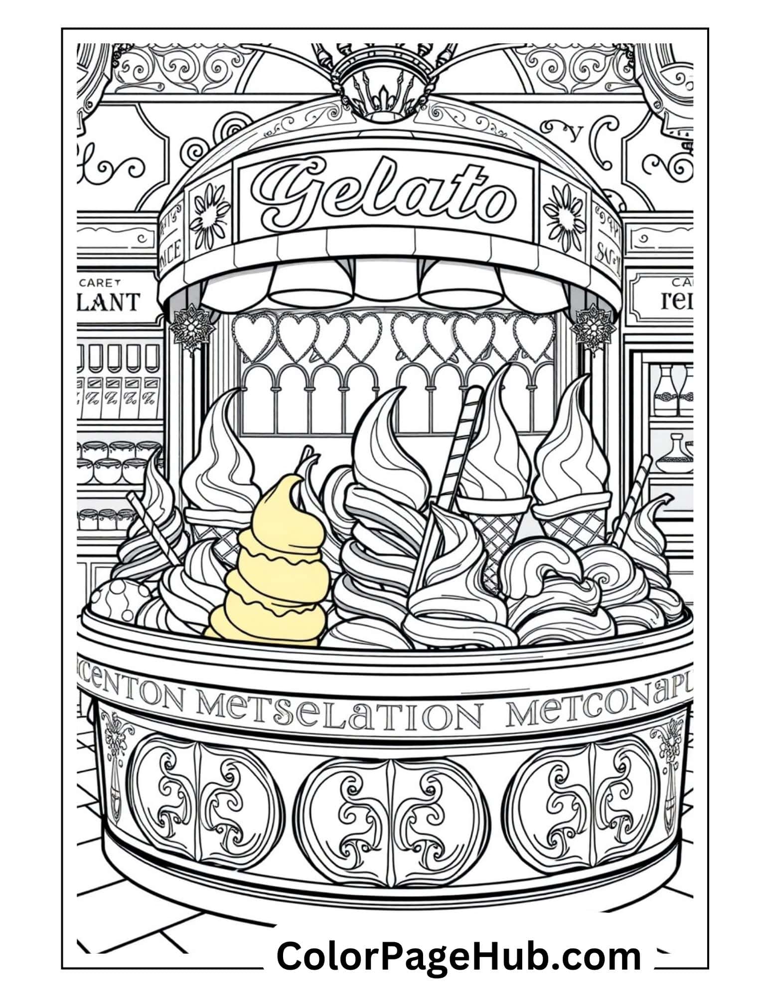 Elegant gelato shop ice cream coloring page featuring ornate Italian-style display case filled with detailed swirled cones and treats.
