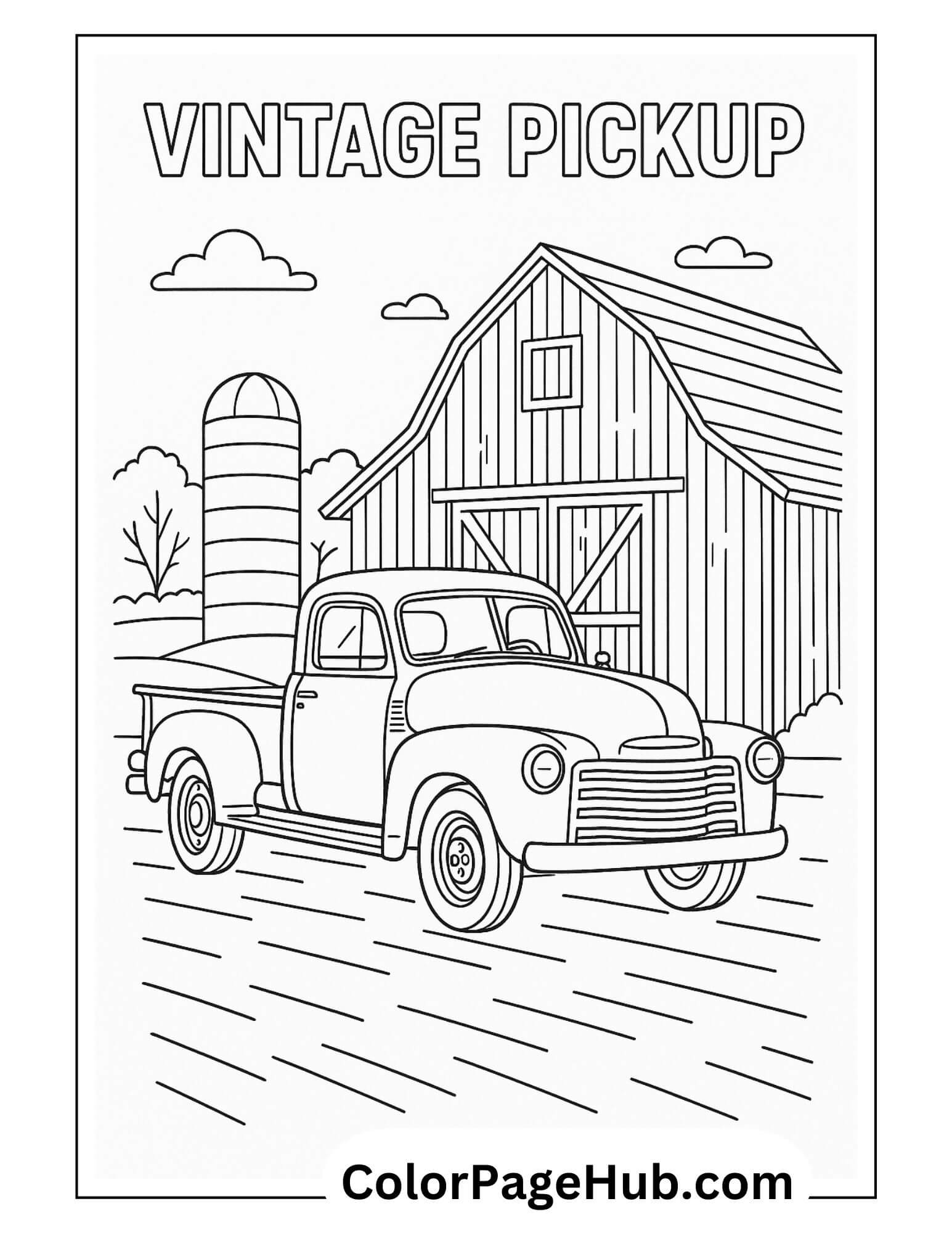 Vintage pickup truck near a barn on a farm – nostalgic rural scene for kids in this classic cars coloring page to print and color