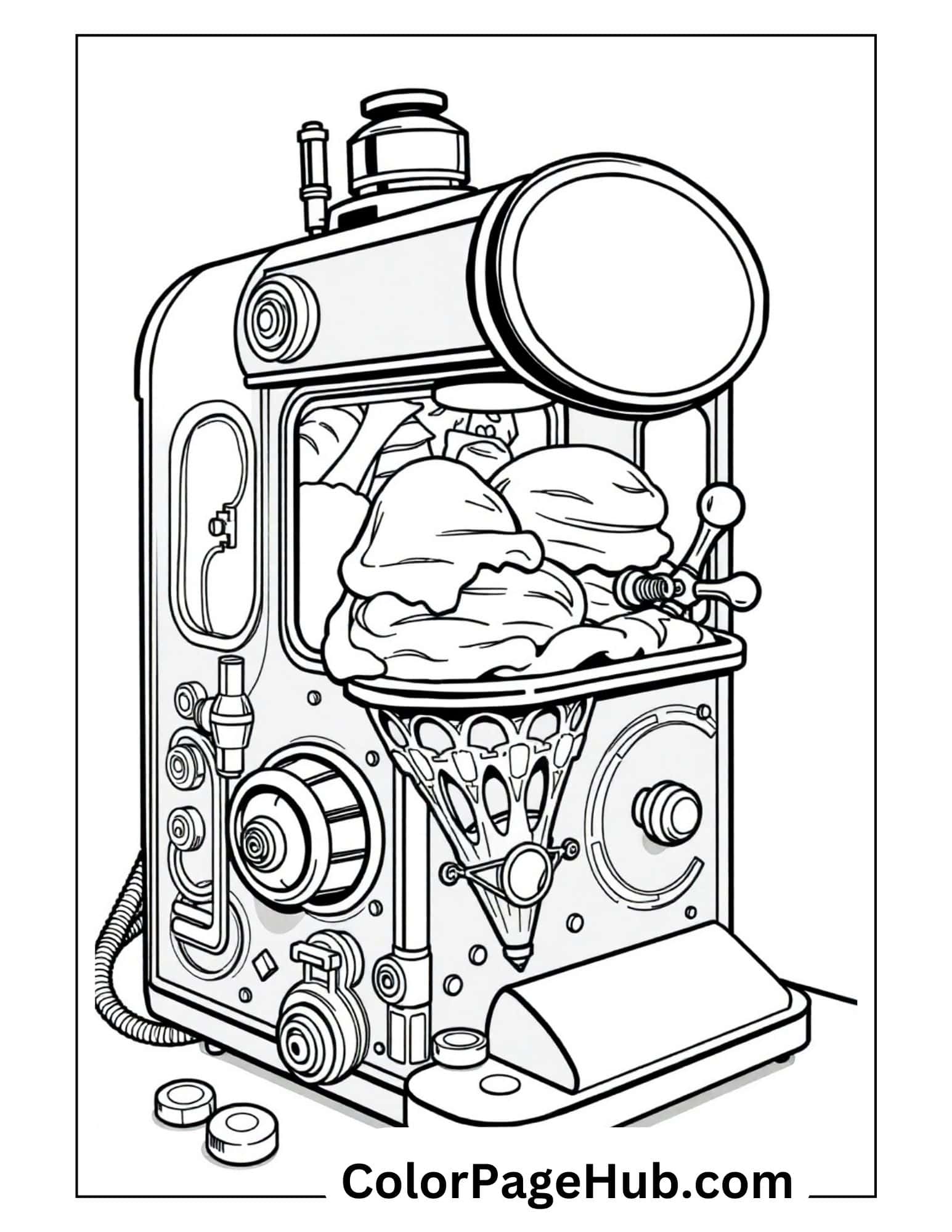 Steampunk ice cream coloring pages displaying a vintage machine creating soft serve, perfect for mechanical-minded artists.