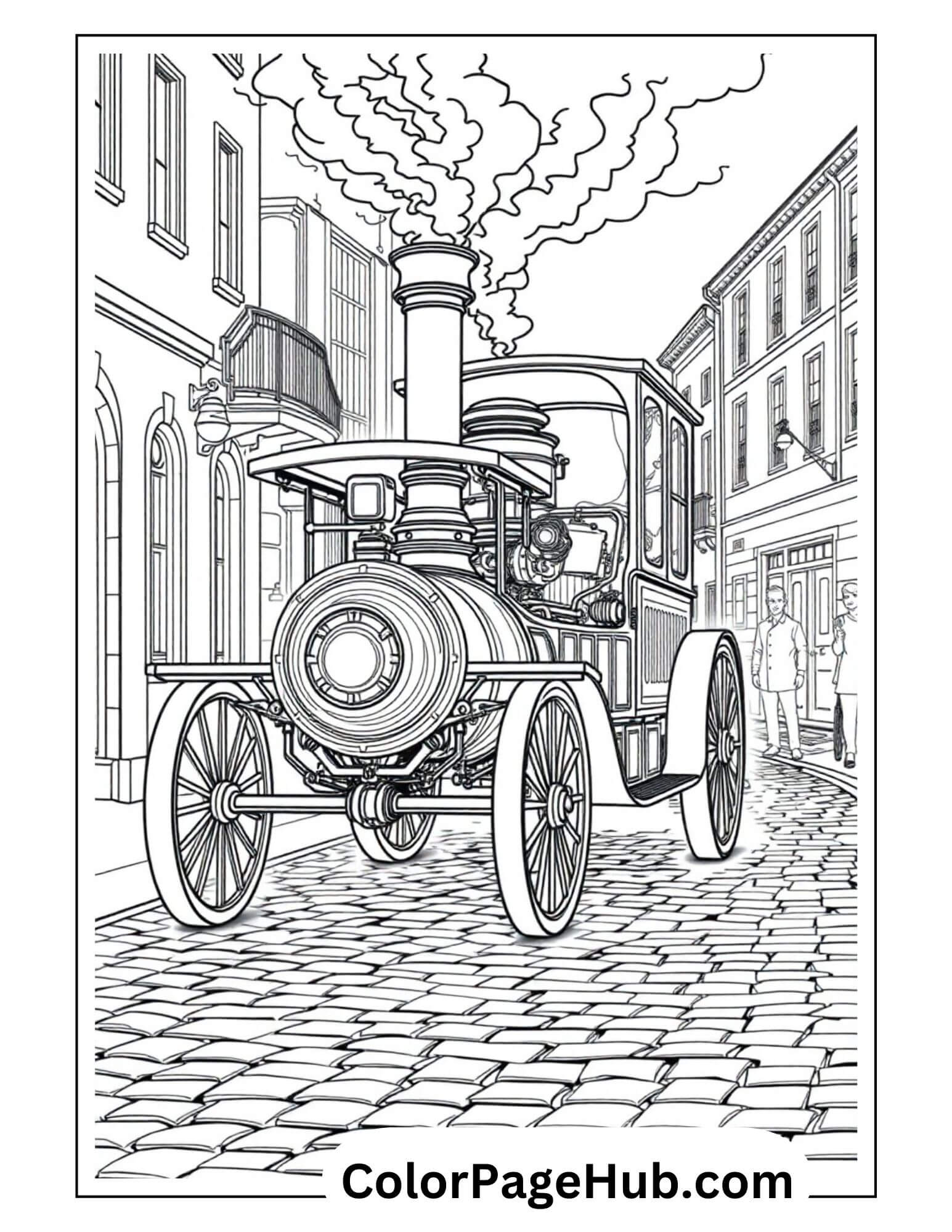 Vintage steam-powered automobile on cobblestone street in historic cityscape - antique motorized cars coloring page for history enthusiasts