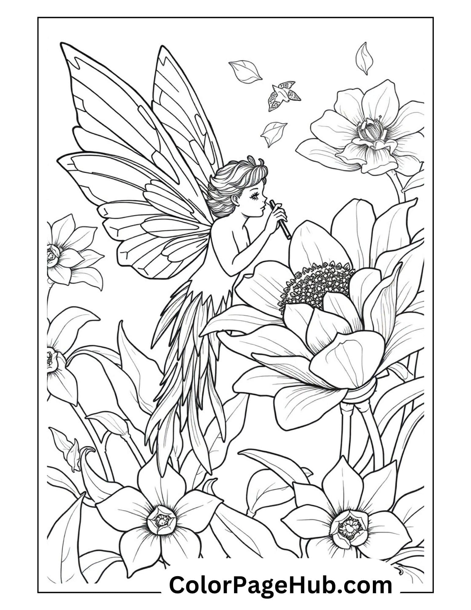 Sunflower fairy coloring page with butterfly-winged fairy playing flute amid detailed blooming daffodils and sunflowers in enchanted garden