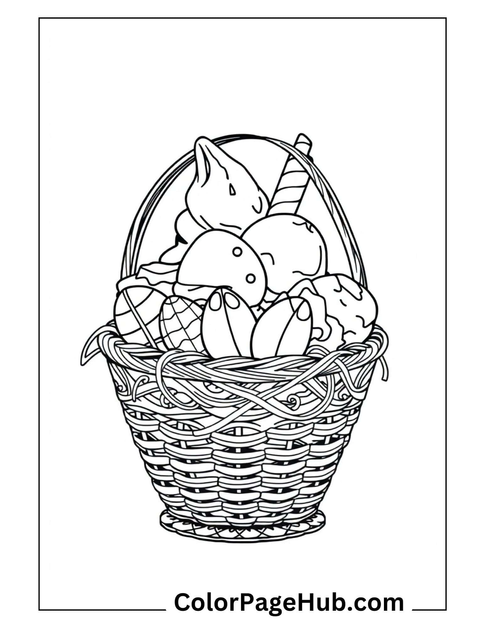 Ice cream basket coloring page featuring a woven container filled with various scoops and cones, perfect for dessert enthusiasts.