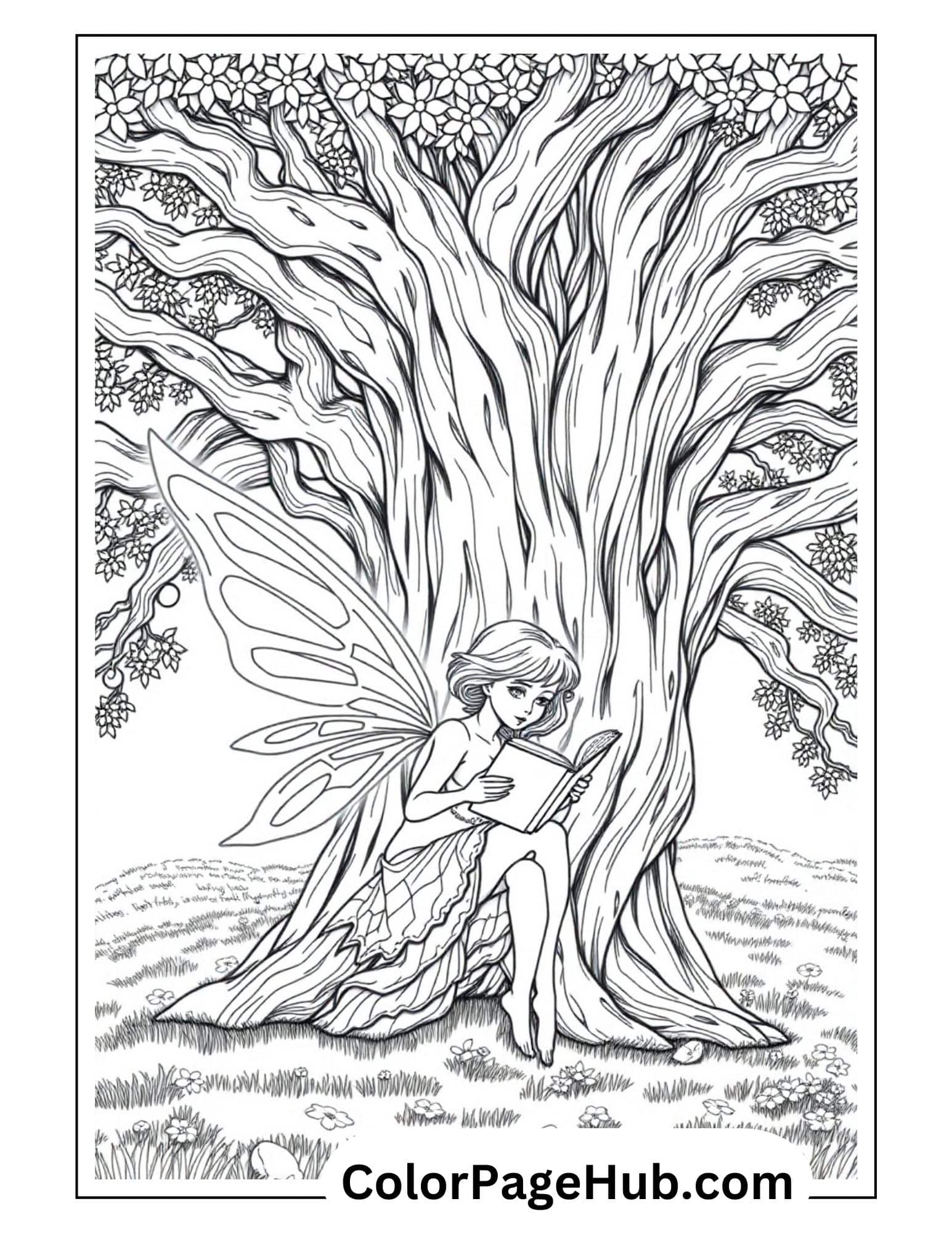 Serene fairy coloring page featuring winged fairy reading a book beneath a majestic ancient tree with detailed branches and meadow flowers
