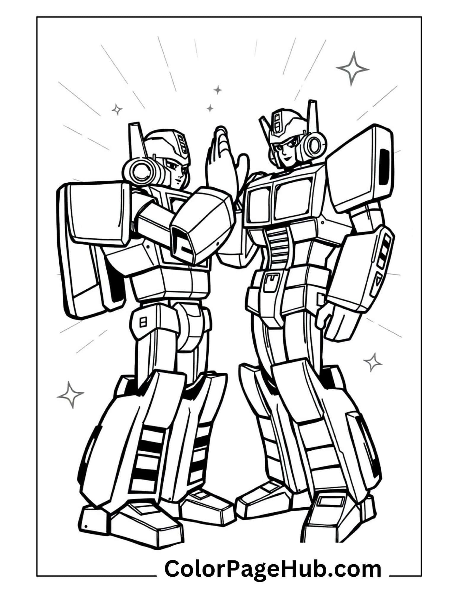 Two Autobot friends giving high-five with starry background - printable Transformers coloring pages for robot fans and creative kids