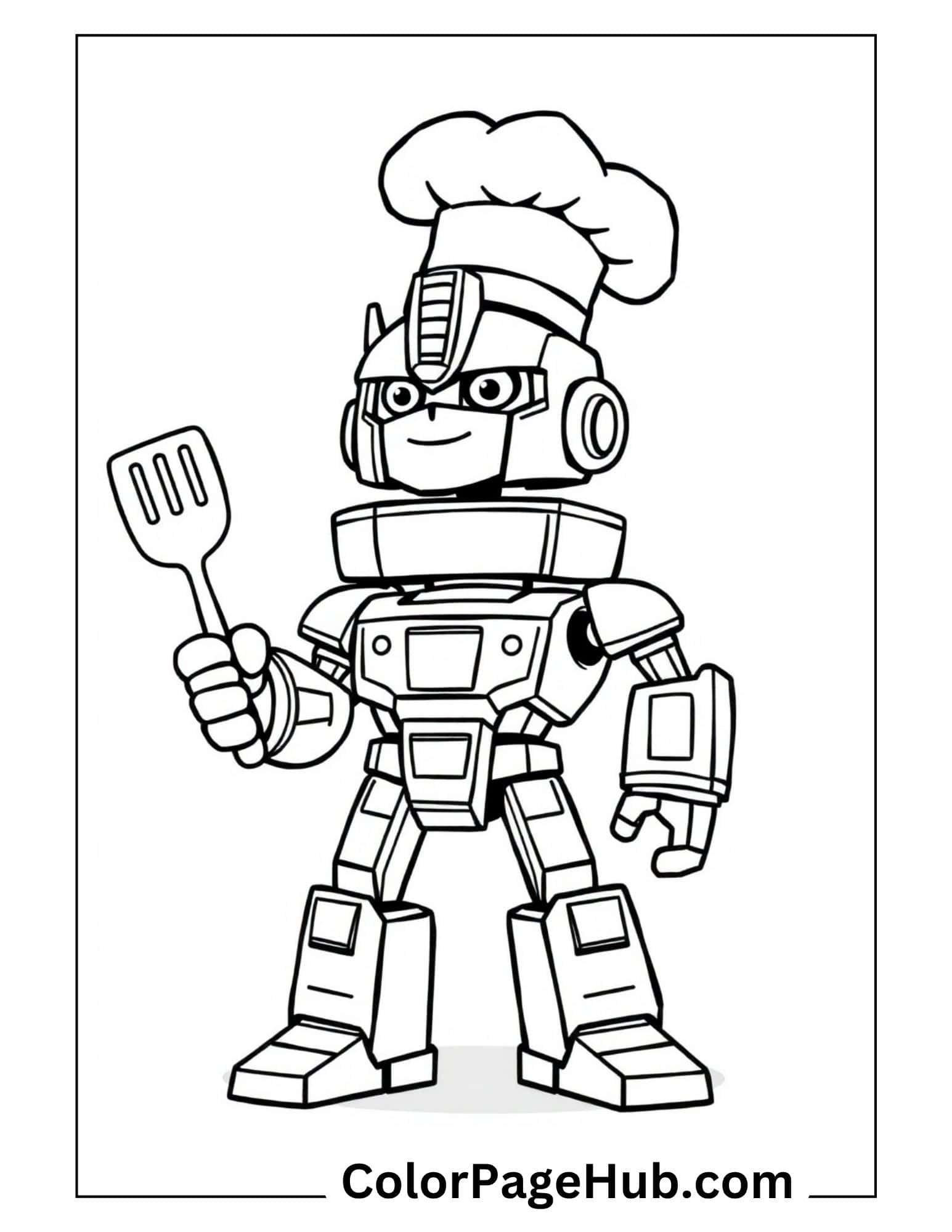 Cute robot chef with cooking spatula and tall chef's hat - creative Transformers coloring pages for kids who love robots and cooking