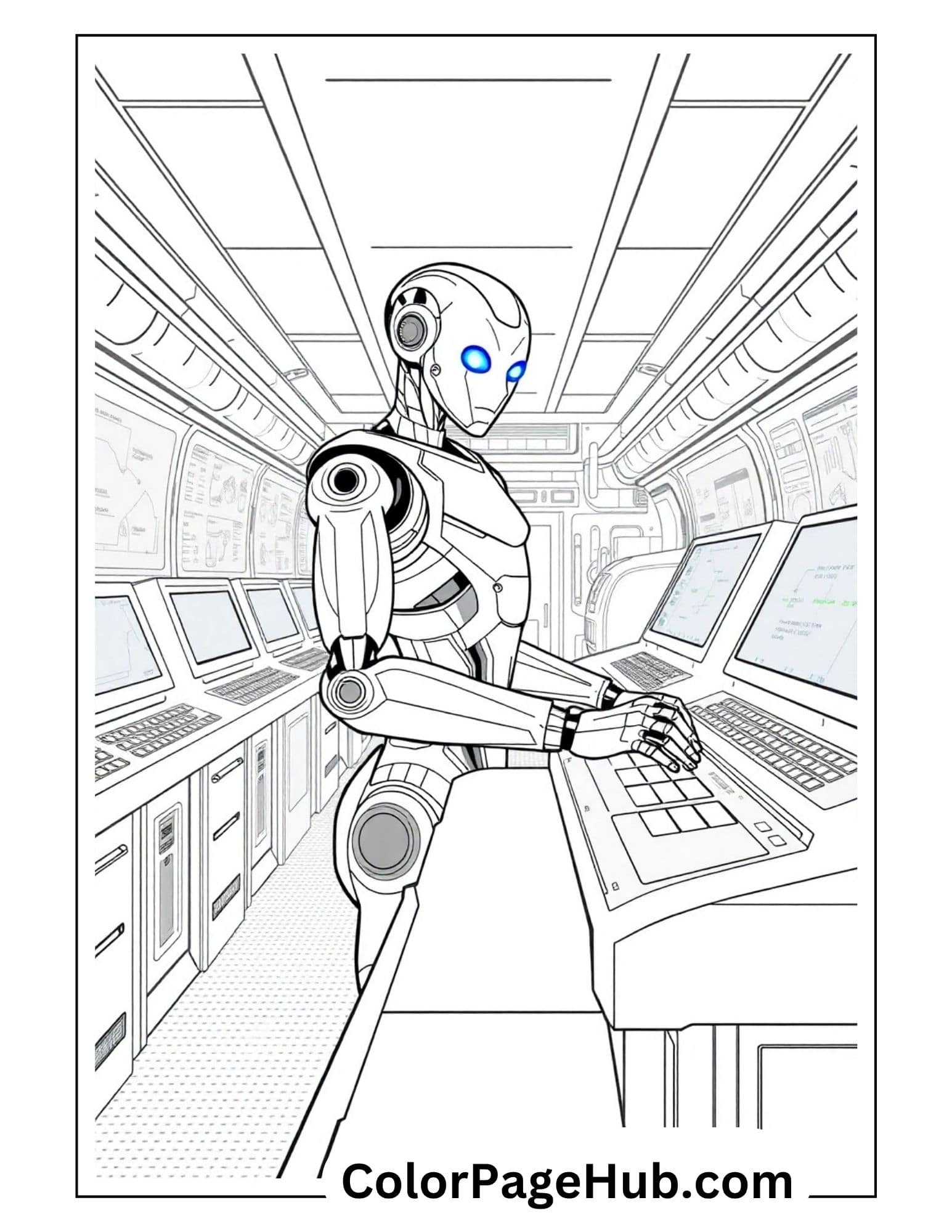 Sleek android with glowing blue eyes operating futuristic command center - sci-fi Transformers coloring pages for tech-loving kids