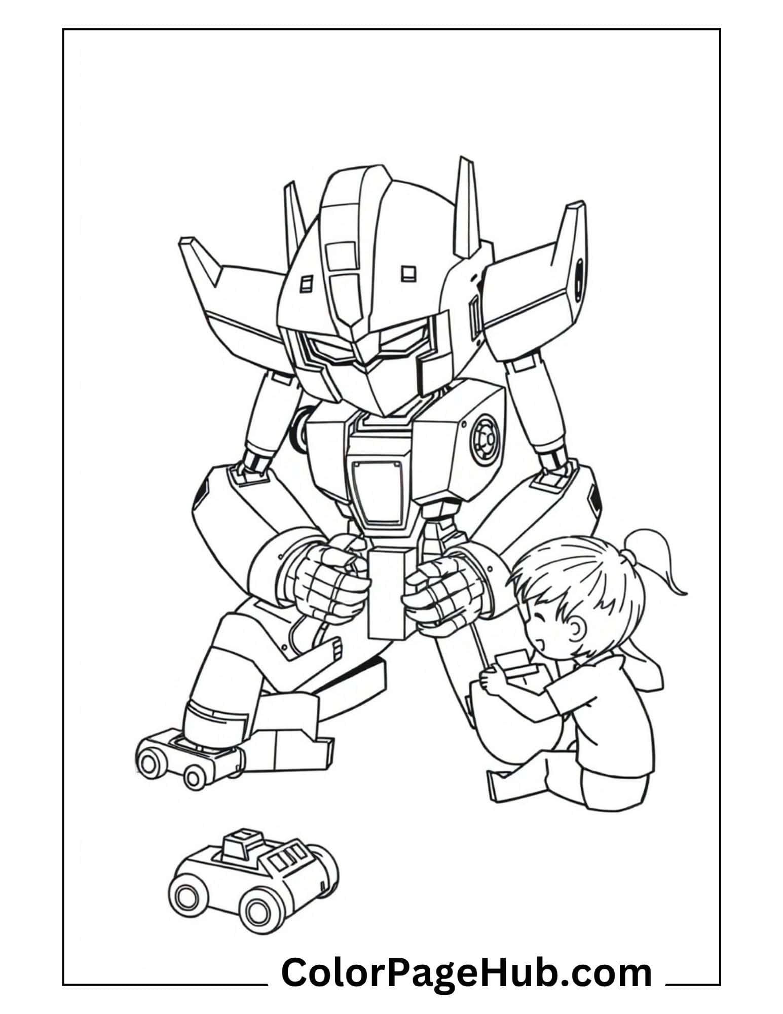 Giant robot playing with small child and toy cars - heartwarming Transformers coloring pages showing friendship between humans and machines