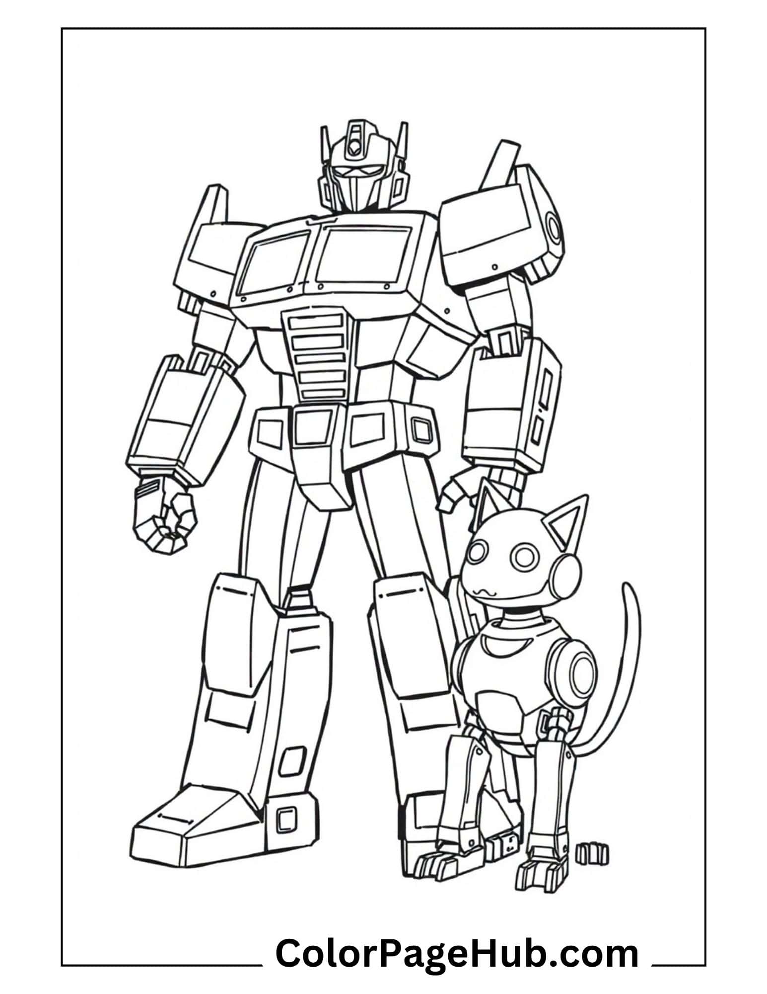 Optimus Prime standing tall with robotic cat companion - friendship-themed Transformers coloring pages for robot and pet lovers