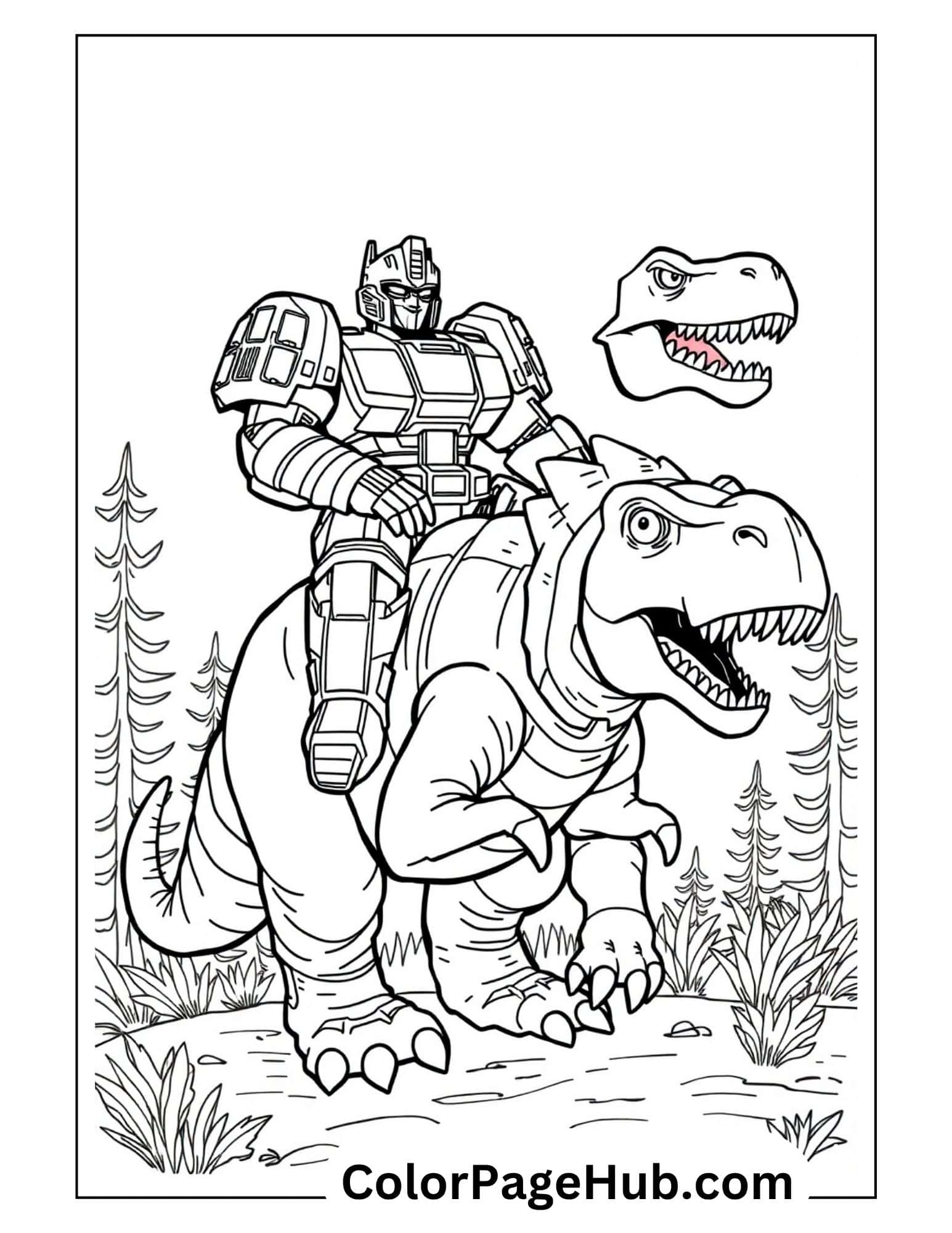 Optimus Prime riding a T-Rex dinosaur through prehistoric forest - adventurous Transformers coloring pages combining robots and dinosaurs