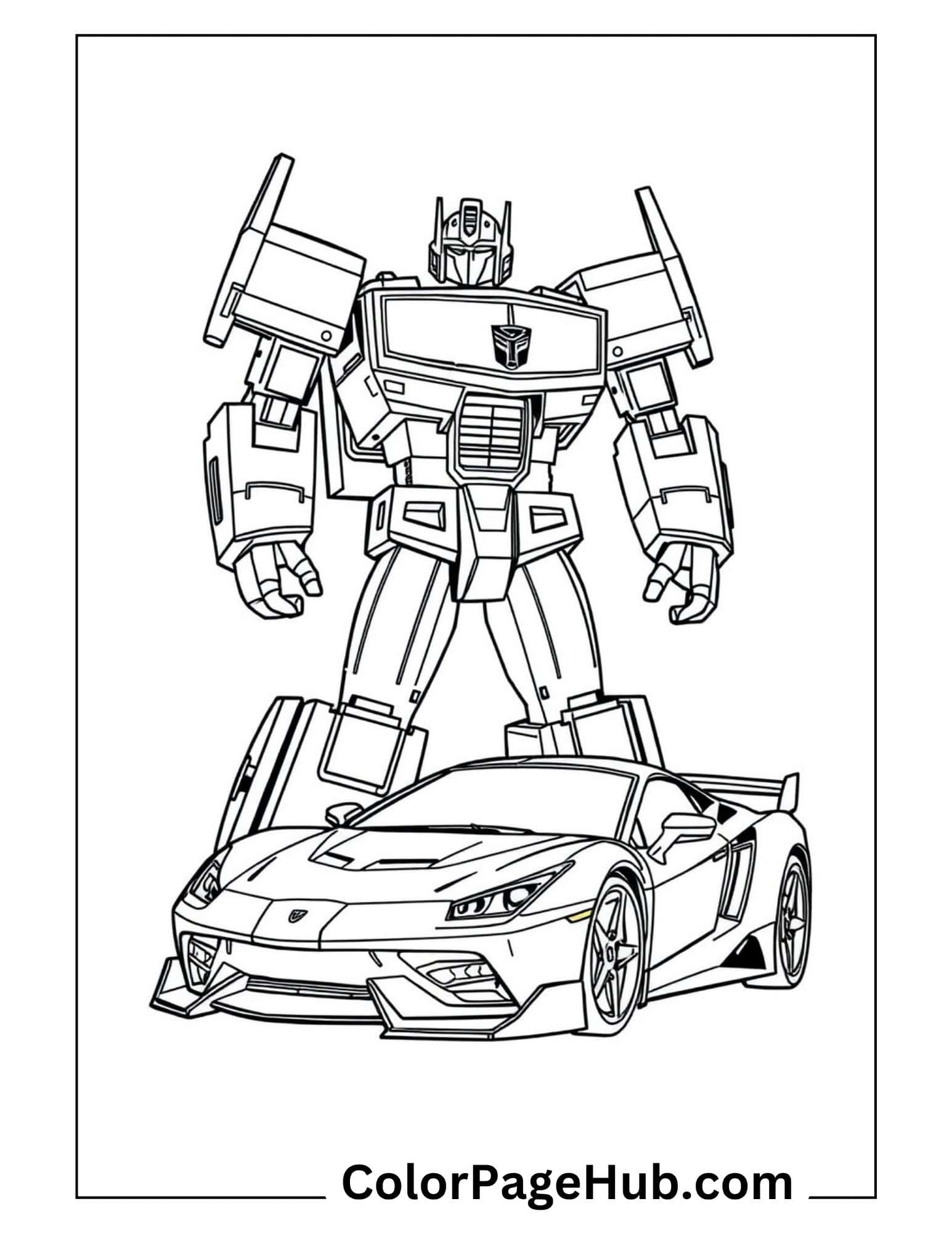 Optimus Prime standing behind Lamborghini sports car - Transformers coloring pages for kids featuring robotic hero and vehicle outline