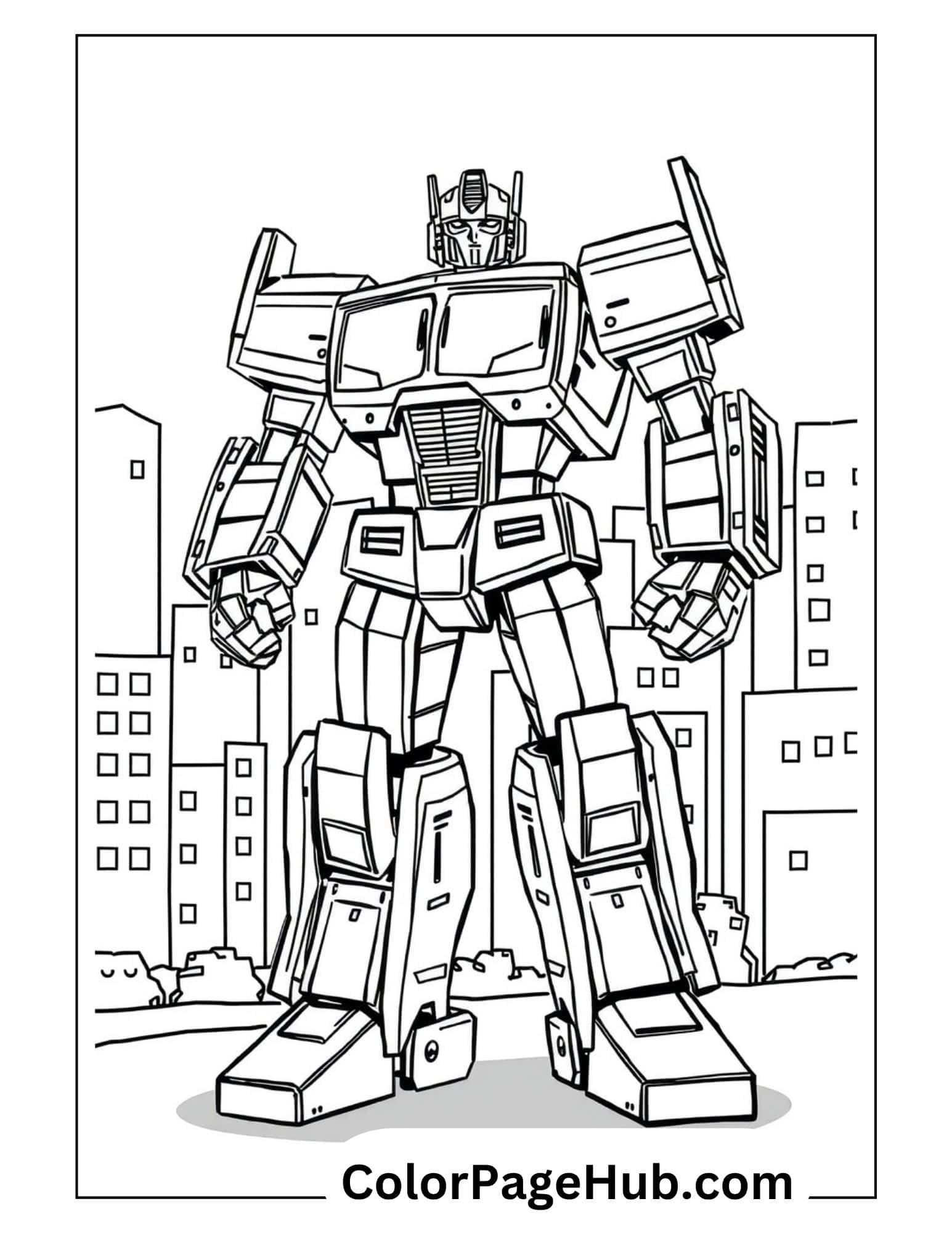 Giant Optimus Prime standing tall among city buildings - heroic Transformers coloring pages featuring the iconic Autobot leader