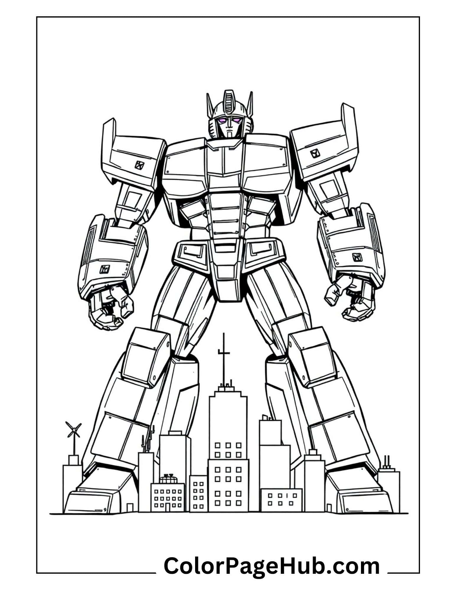 Giant Autobot leader standing over city skyline - printable Transformers coloring pages for kids featuring detailed robot design