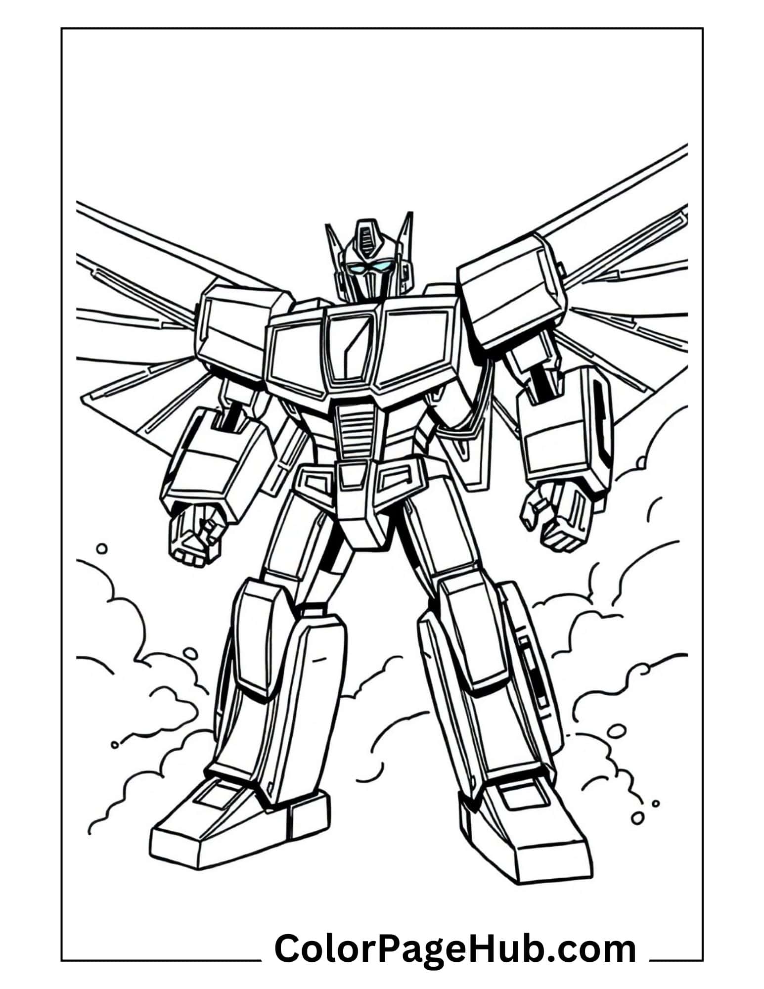 Powerful robot leader with energy rays and dramatic clouds - iconic Transformers coloring pages featuring heroic Autobot commander stance