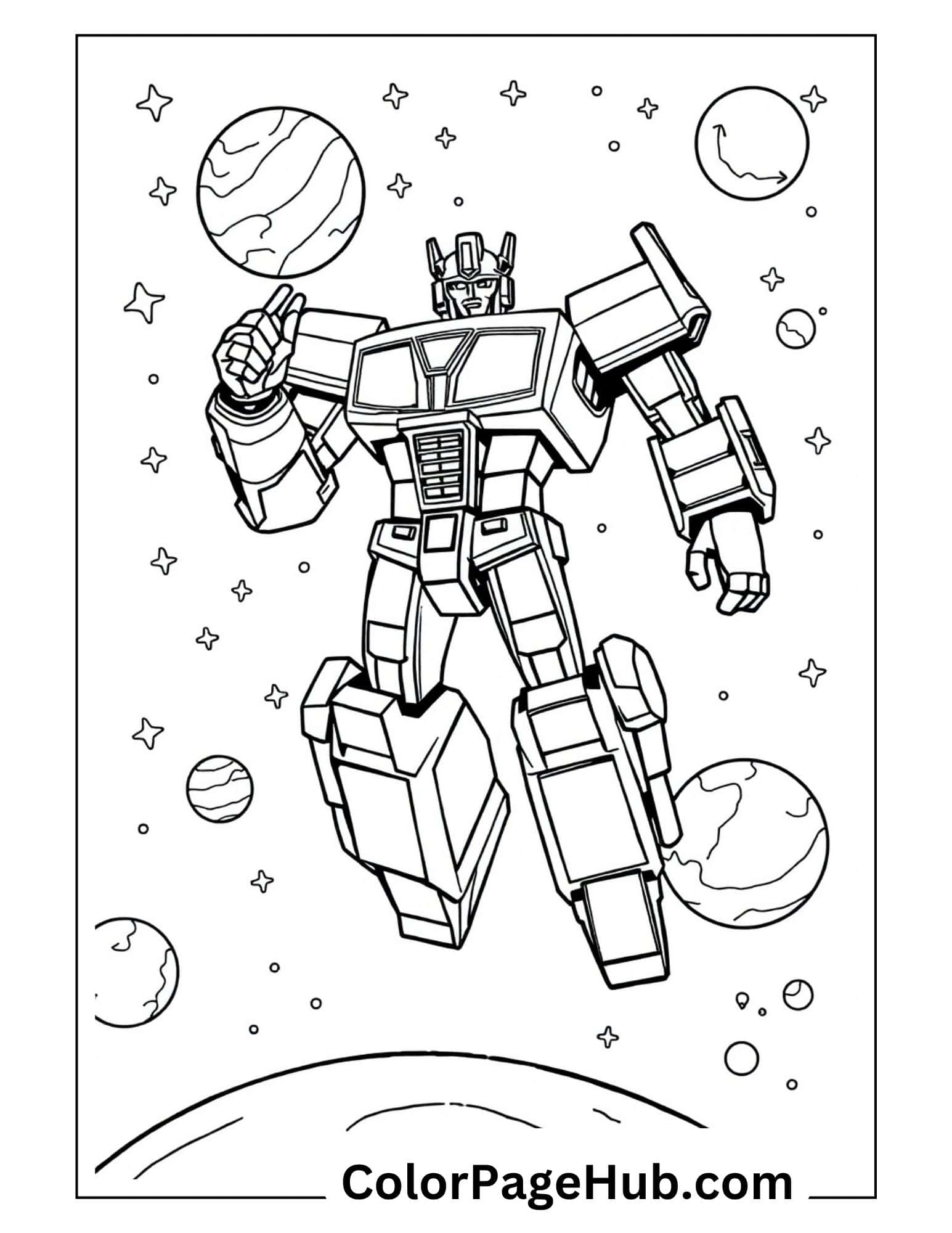 Optimus Prime floating heroically in outer space surrounded by planets and stars - cosmic Transformers coloring pages for sci-fi fans