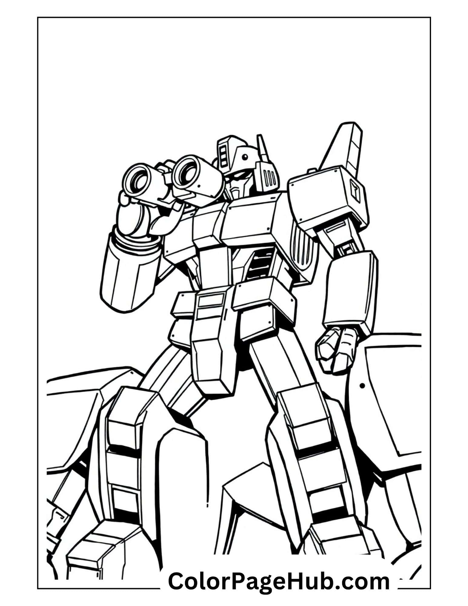 Robot scout using binoculars on rocky terrain - adventure-themed Transformers coloring pages featuring surveillance mission scene