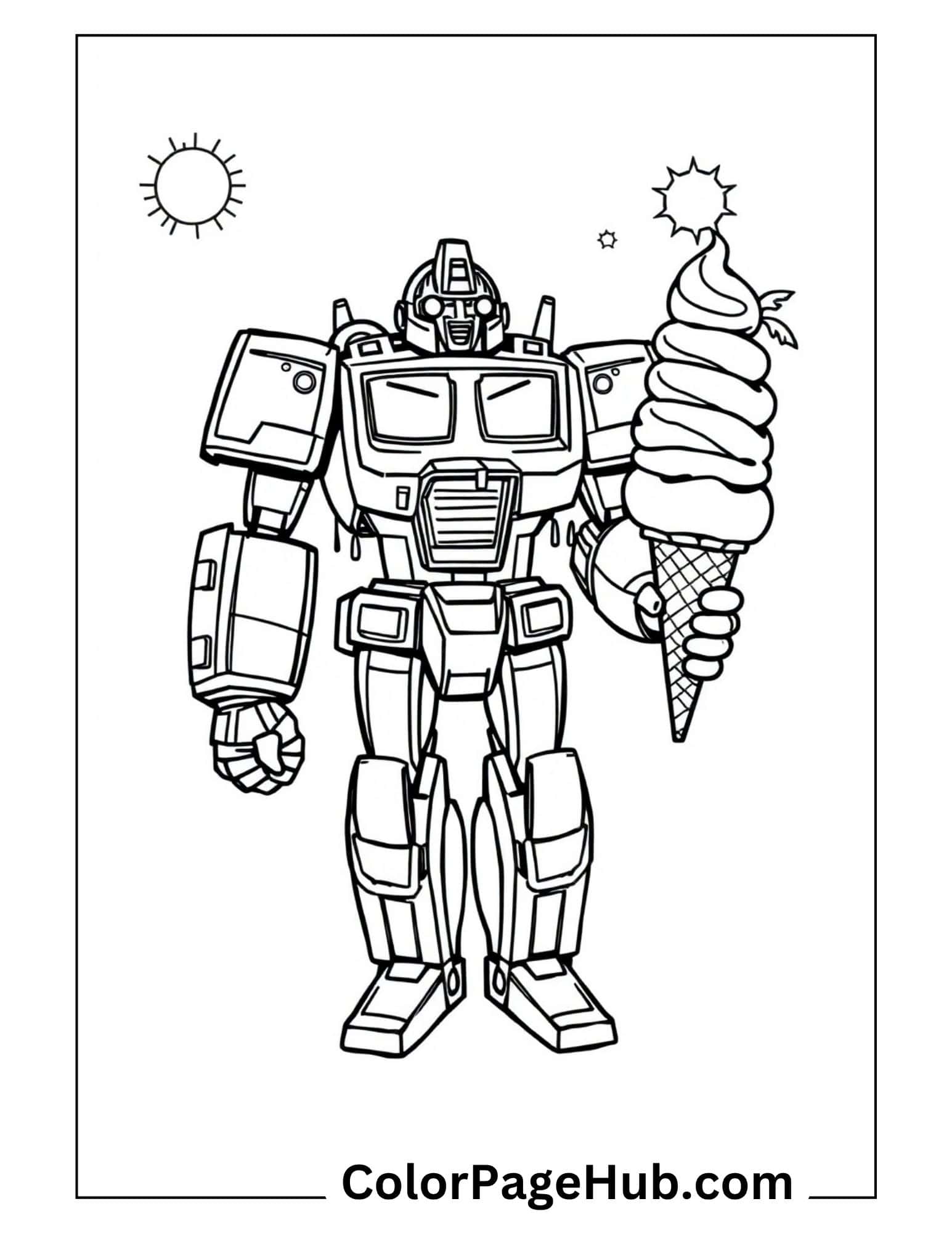 Robot holding giant ice cream cone on sunny day - fun summer-themed Transformers coloring pages for kids who love robots and treats