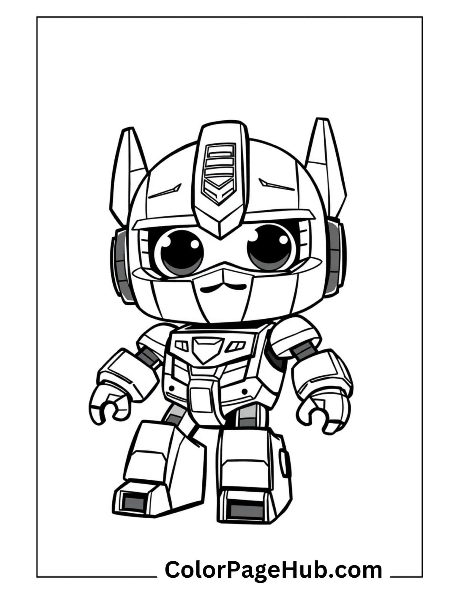 Adorable chibi Optimus Prime with big eyes and tiny body - cute Transformers coloring pages for younger robot fans