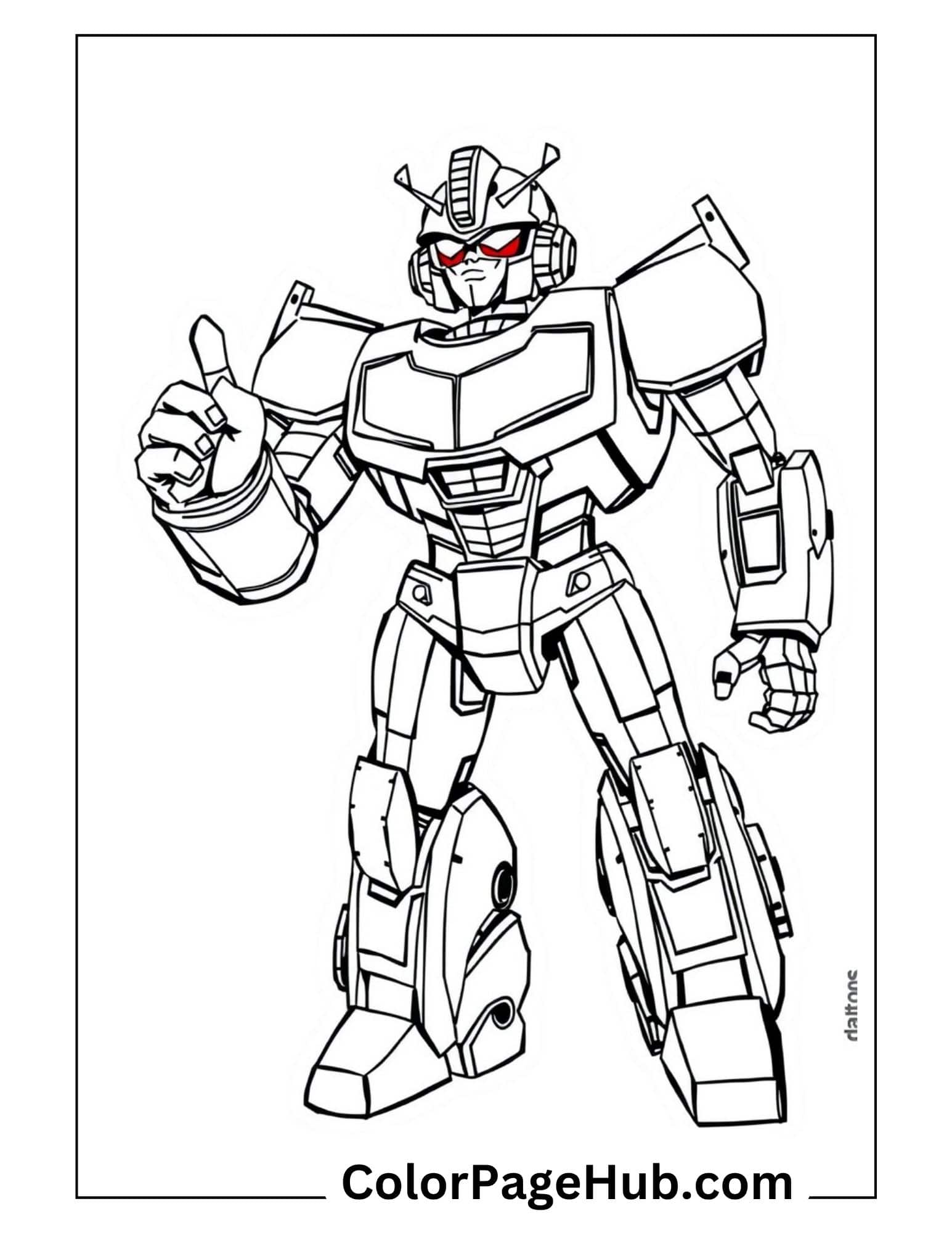 Robot warrior with glowing red eyes giving thumbs-up - cool Transformers coloring pages featuring confident mechanical heroes