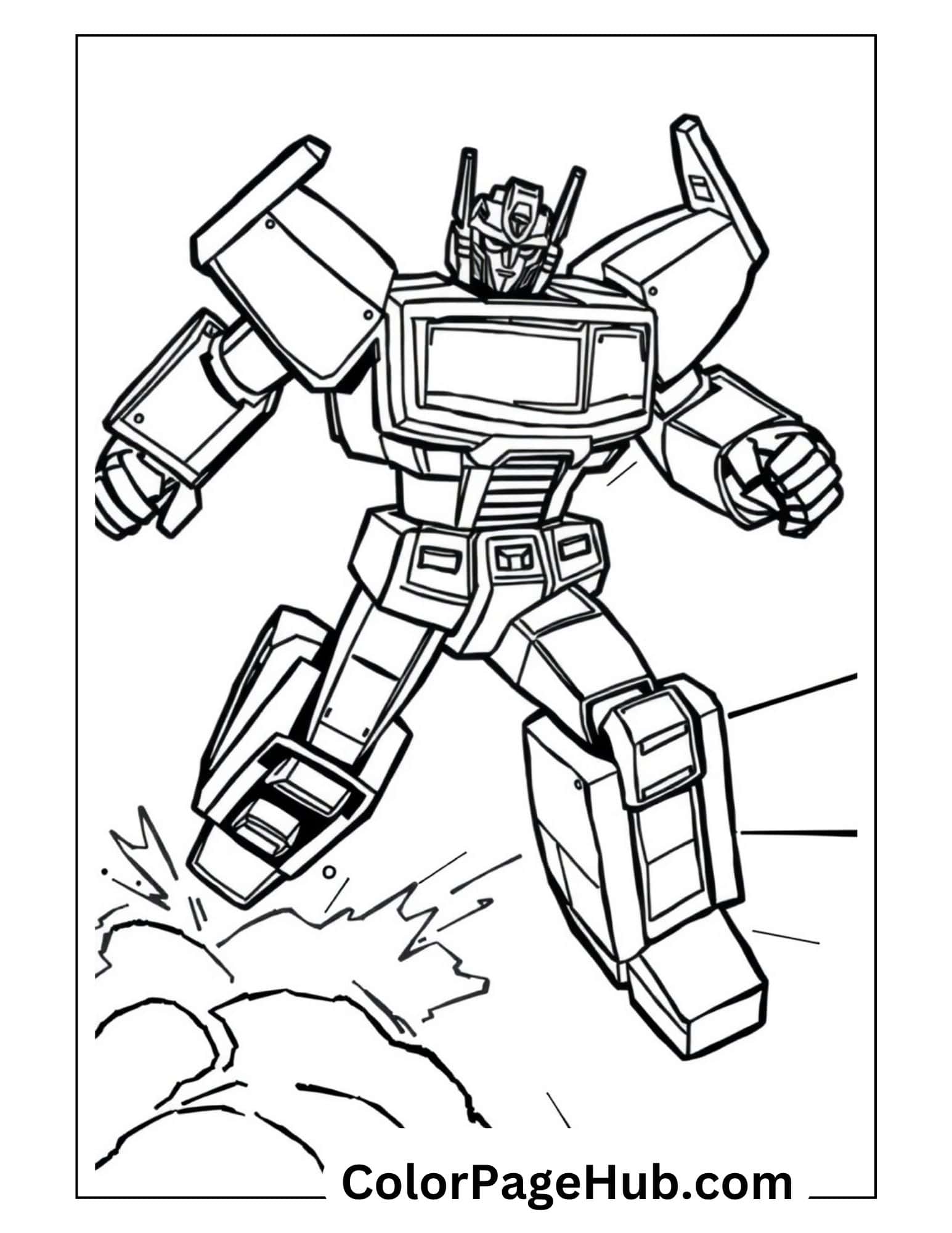 Optimus Prime leaping into action with dramatic impact effect - dynamic Transformers coloring pages for young robot fans