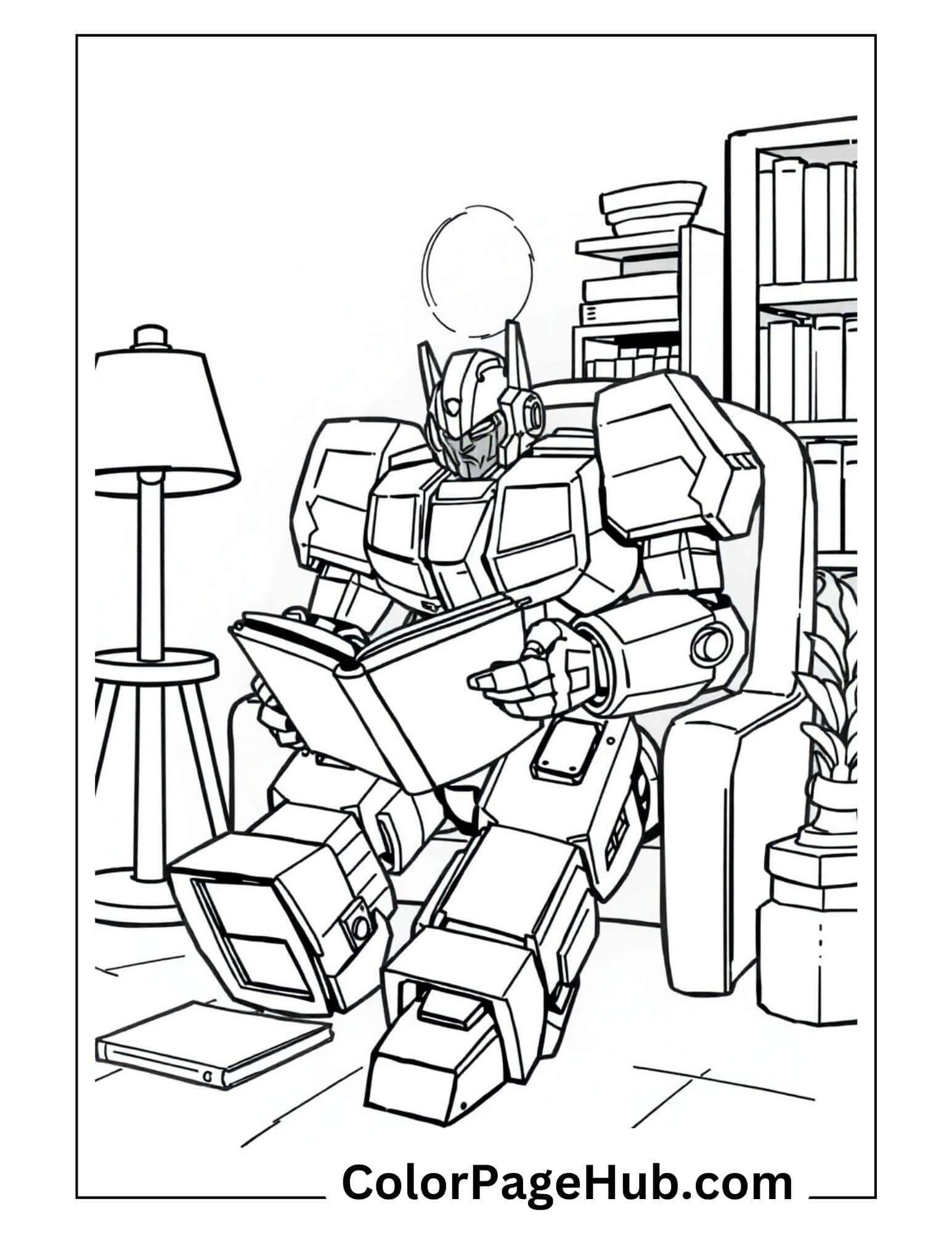 Transformer robot reading book in cozy library setting - educational Transformers coloring pages showing robots enjoying quiet activities