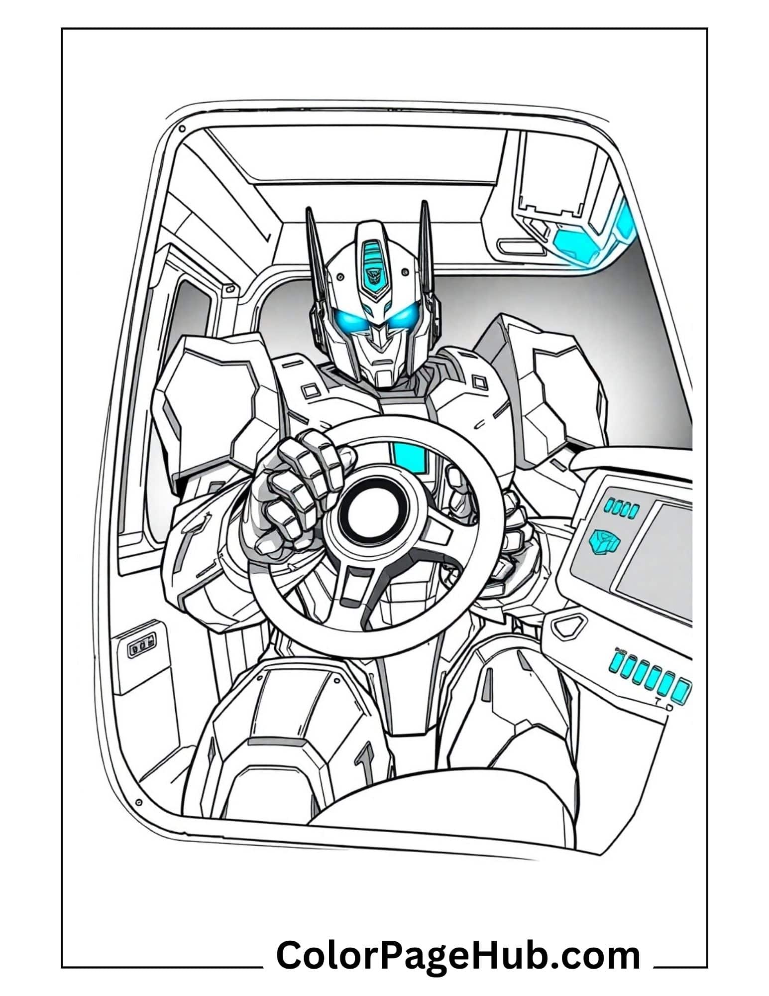 Robot driving futuristic vehicle with glowing blue dashboard - Transformers coloring pages featuring detailed interior car view