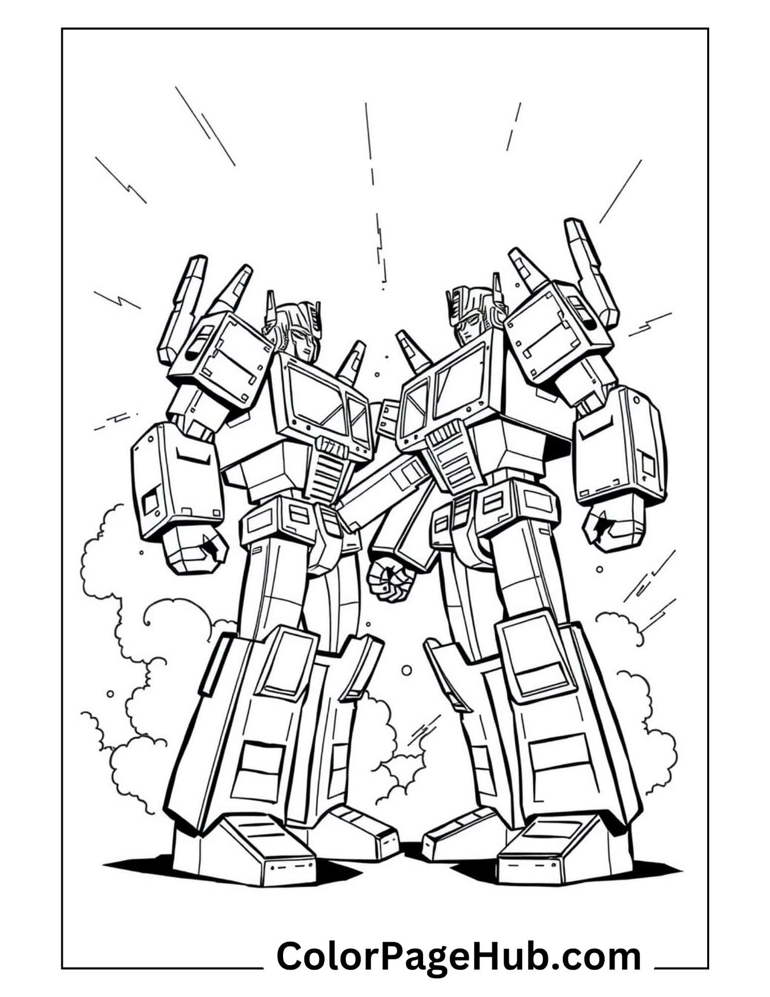Two Autobot heroes standing together with energy beams - dynamic Transformers coloring pages featuring robot allies in battle