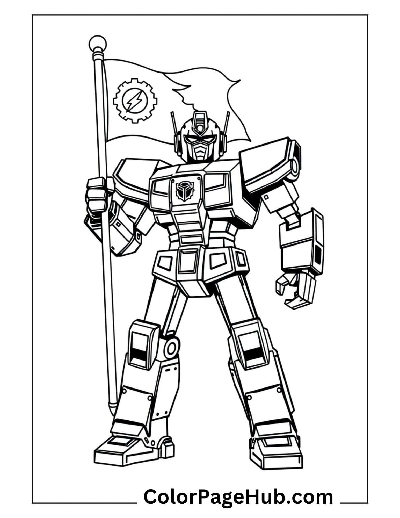 Autobot leader holding flag with gear emblem - patriotic Transformers coloring pages for young robot defenders and creative artists