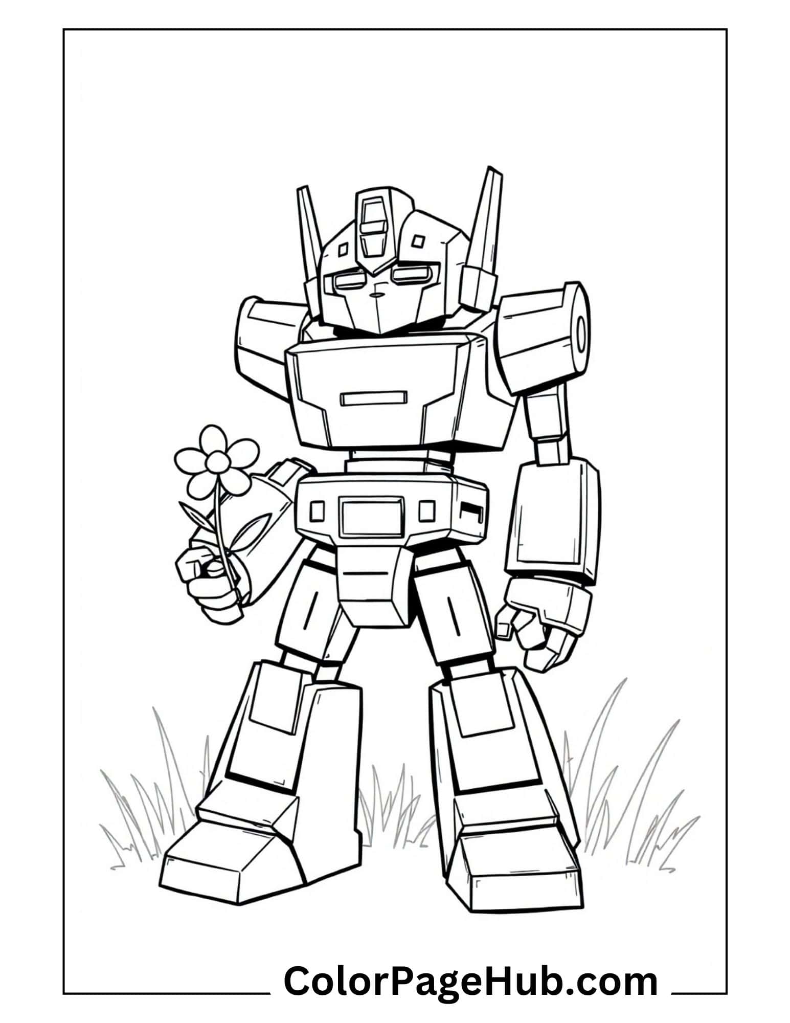 Gentle robot warrior holding daisy flower - sweet springtime Transformers coloring pages showing softer side of mechanical heroes