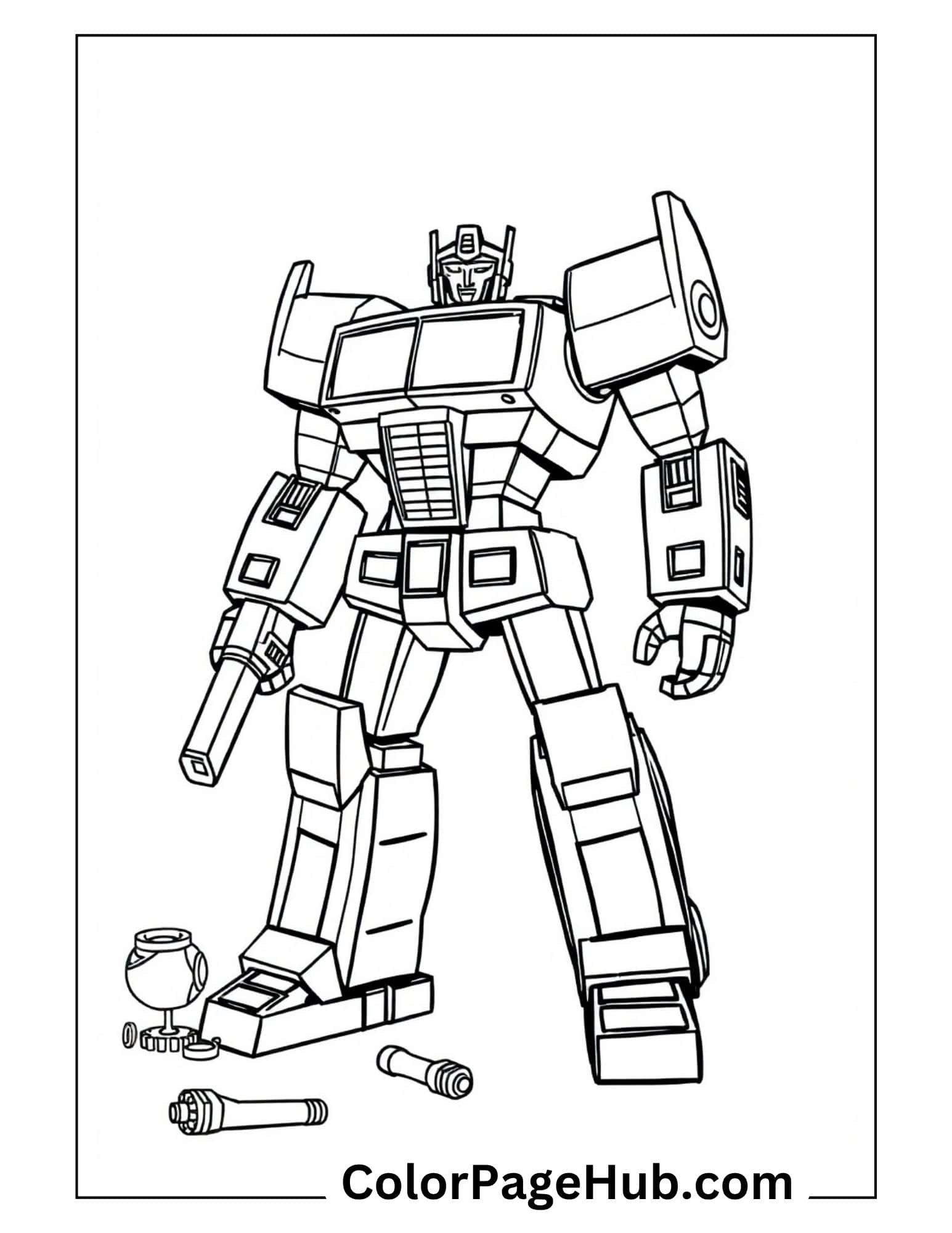 Optimus Prime standing heroically with weapon and accessories - classic Transformers coloring pages for fans of the iconic Autobot leader