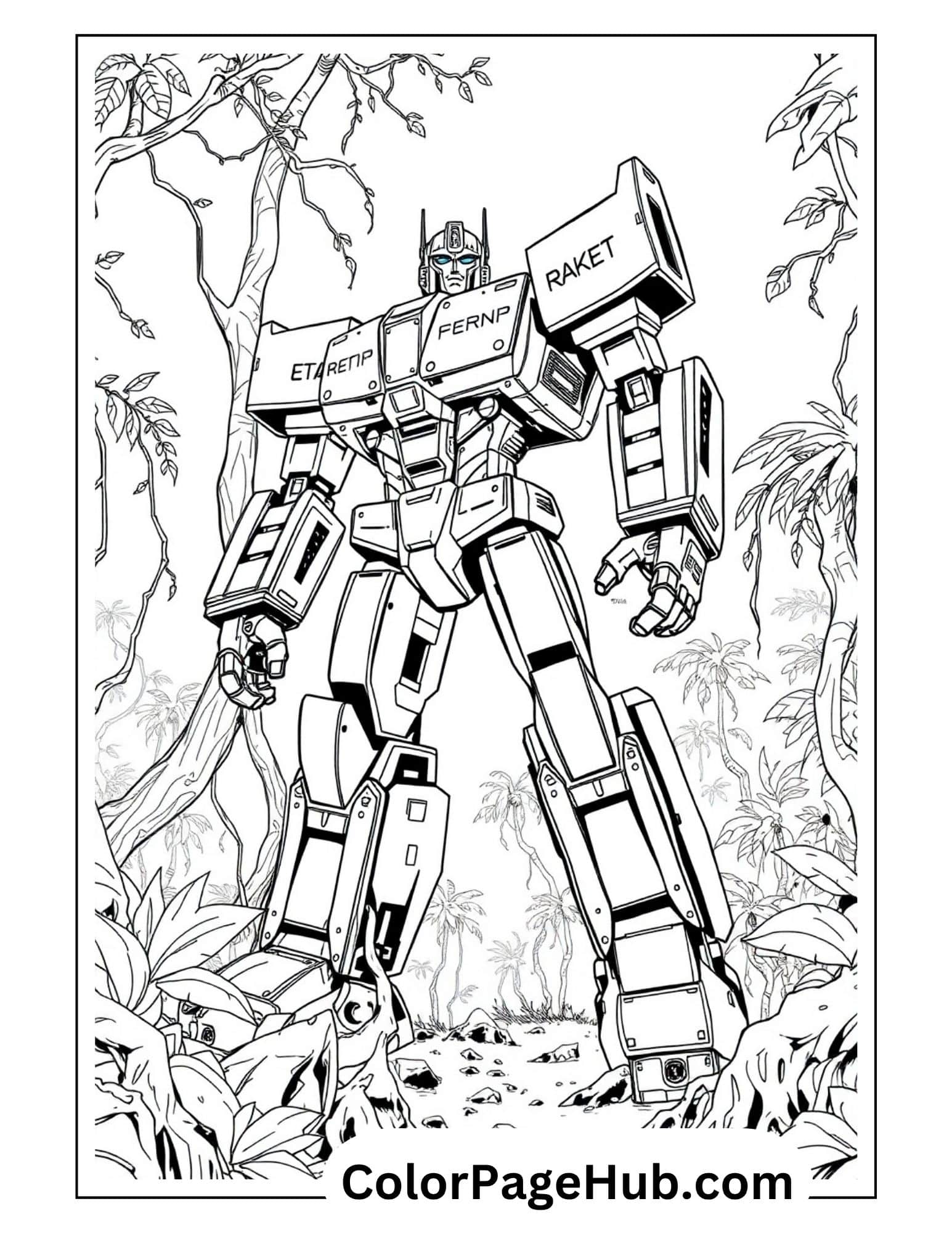 Powerful Optimus Prime robot standing tall in lush jungle scene - detailed Transformers coloring pages for fans of the iconic series