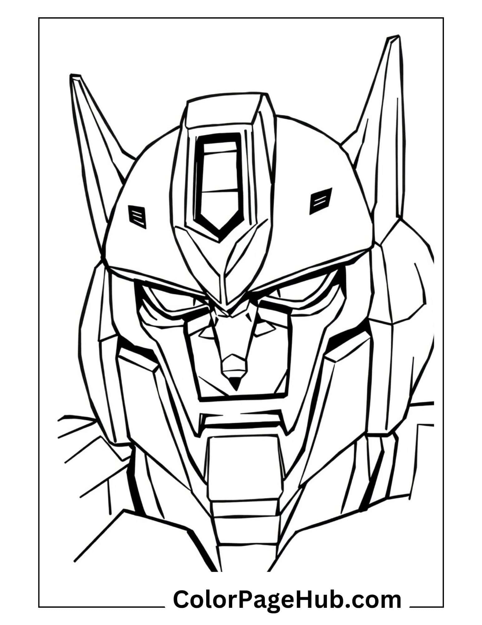 Close-up of intense robot warrior with pointed helmet and stern expression - detailed Transformers coloring pages for mecha fans