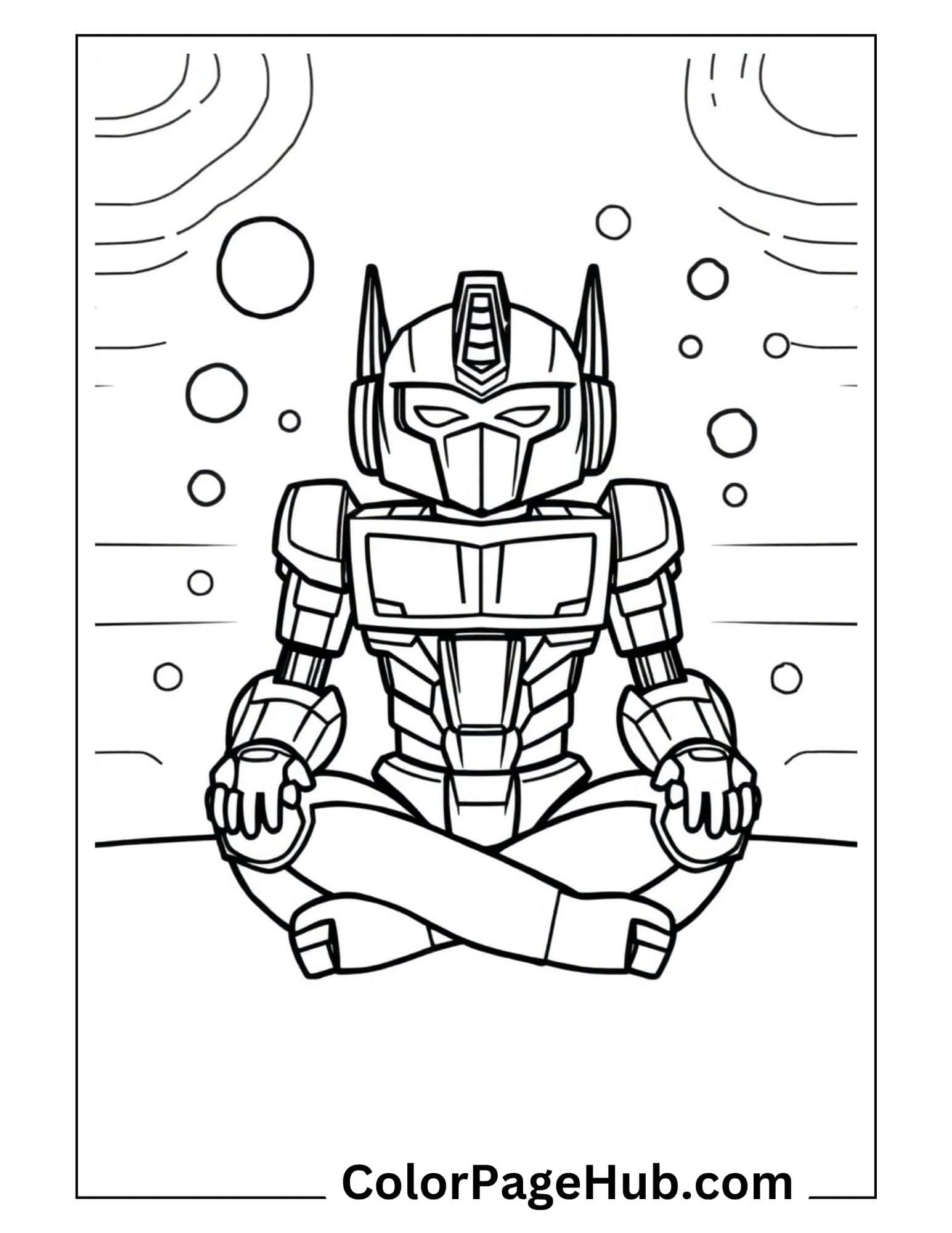 Robot warrior in peaceful meditation pose with cosmic background - mindful Transformers coloring pages for creative kids