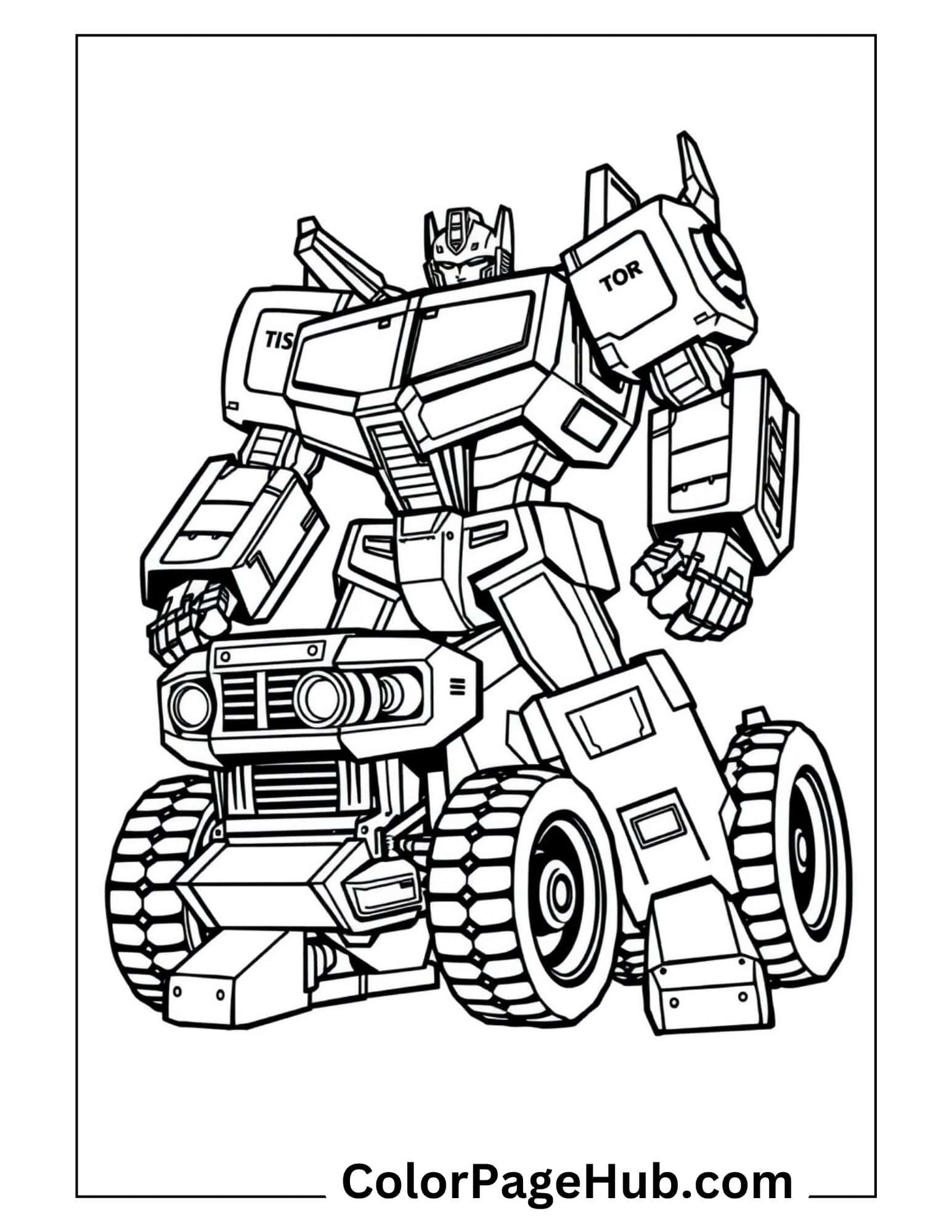 Robot-to-truck hybrid with massive wheels and labeled panels - detailed Transformers coloring pages for fans of mechanical heroes