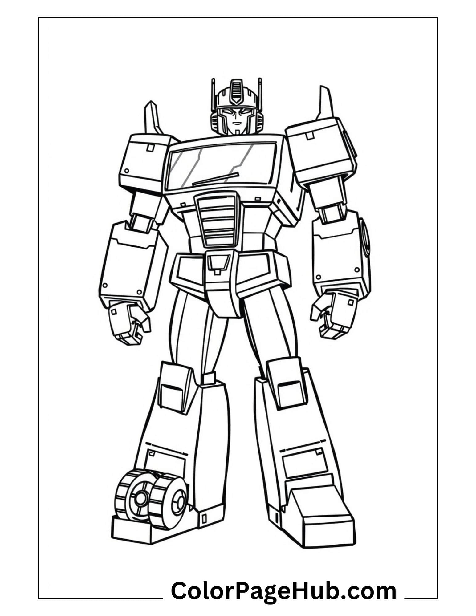 Classic Optimus Prime standing tall in heroic pose - Transformers coloring pages featuring the iconic Autobot leader for fans