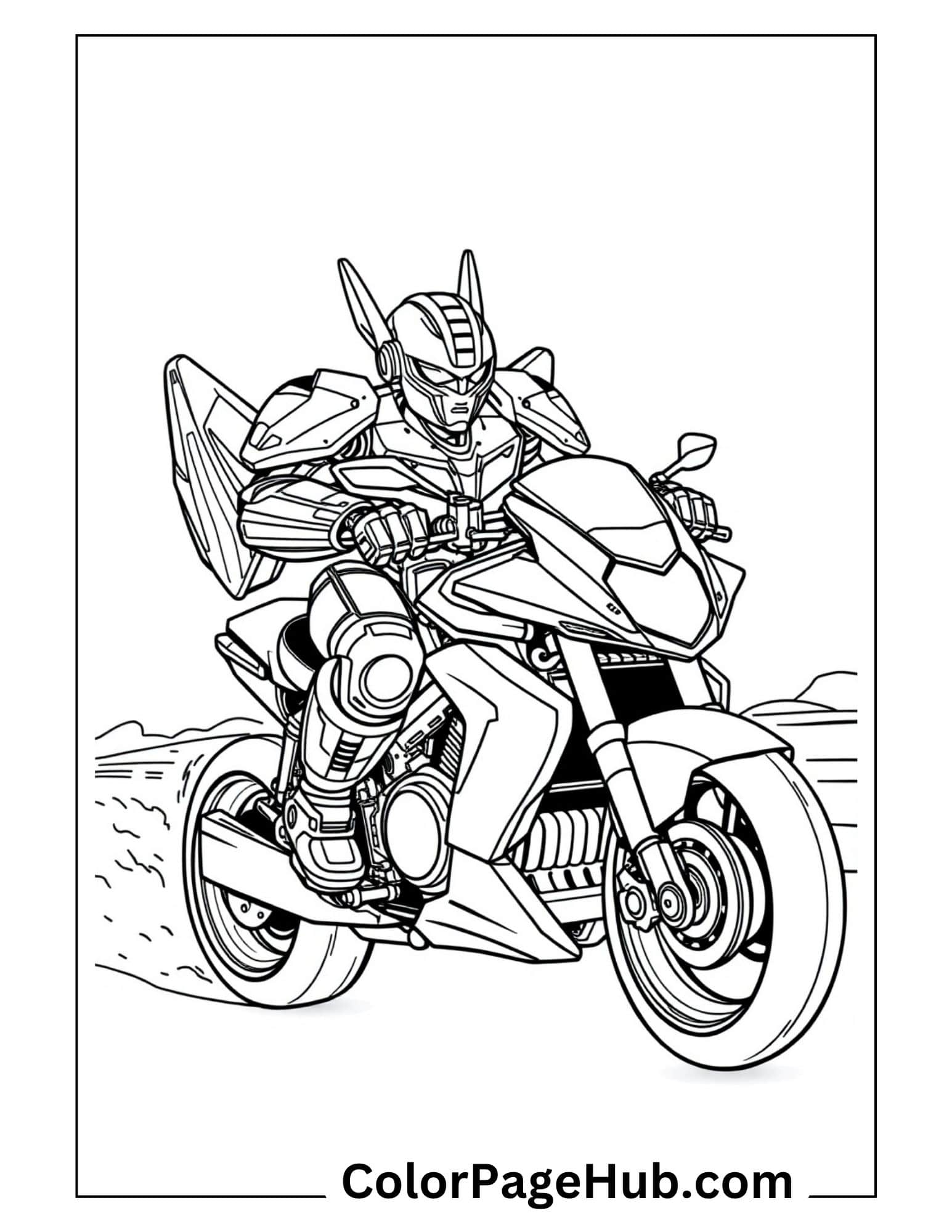 Dynamic Autobot warrior speeding on futuristic motorcycle - action-packed Transformers coloring pages for racing and robot fans