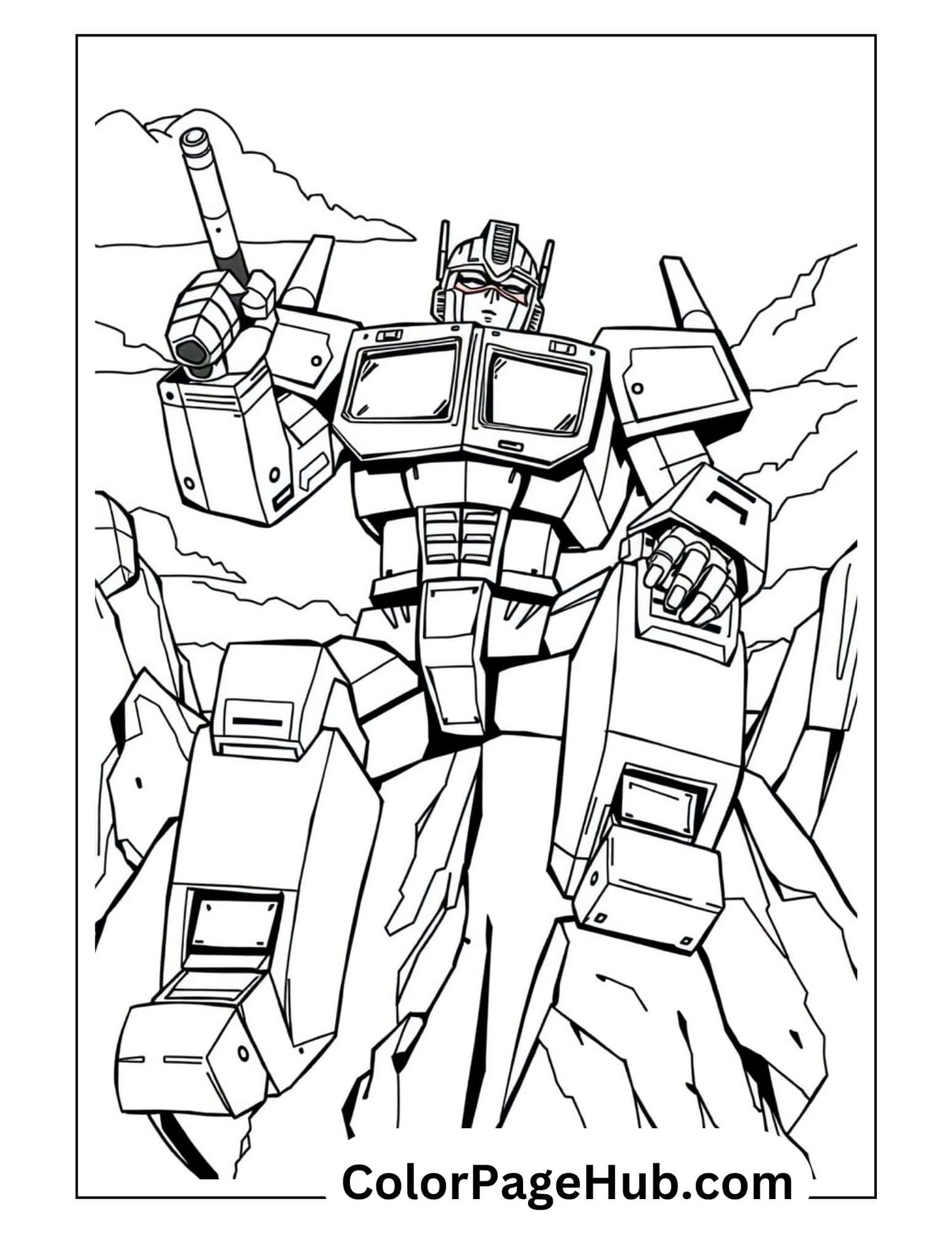 Battle-ready Optimus Prime with weapon atop rocky mountain terrain - action-packed Transformers coloring pages for robot adventure fans