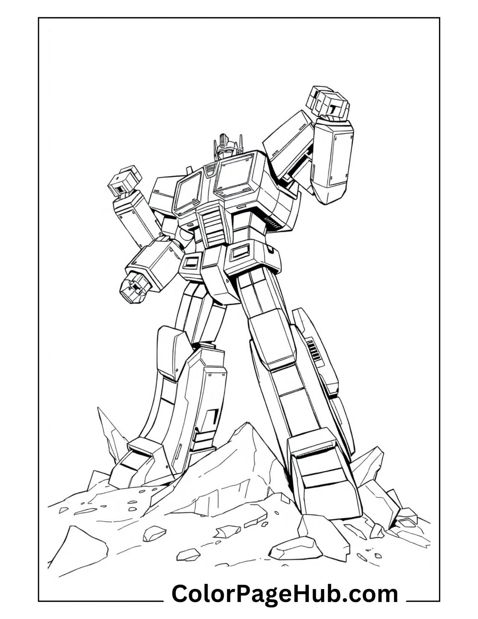 Powerful robot commander standing triumphantly on rocky mountain peak - heroic Transformers coloring pages for action-loving kids