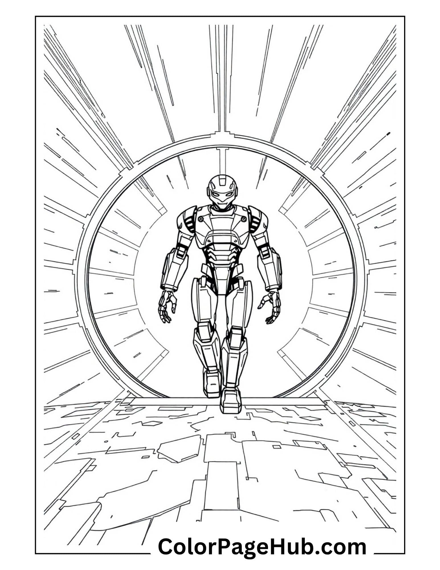 Futuristic robot warrior emerging from energy portal - sci-fi inspired Transformers coloring pages for fans of mechanical heroes