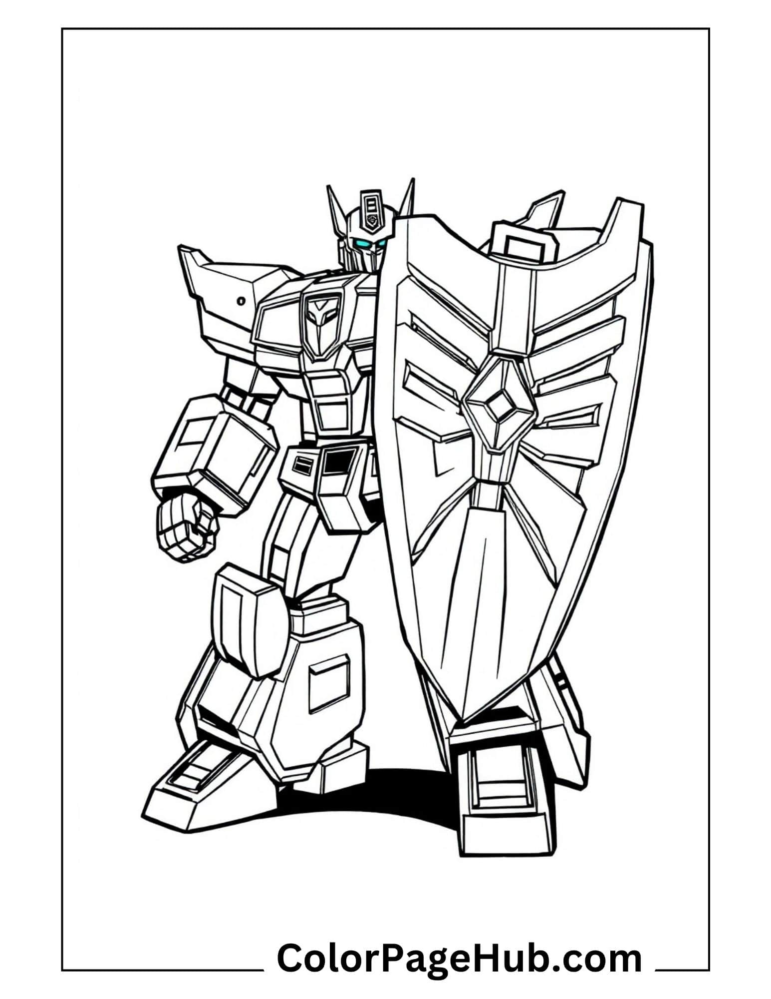 Robot warrior Transformer with shield standing in heroic pose - printable Transformers coloring pages for kids and fans of all ages