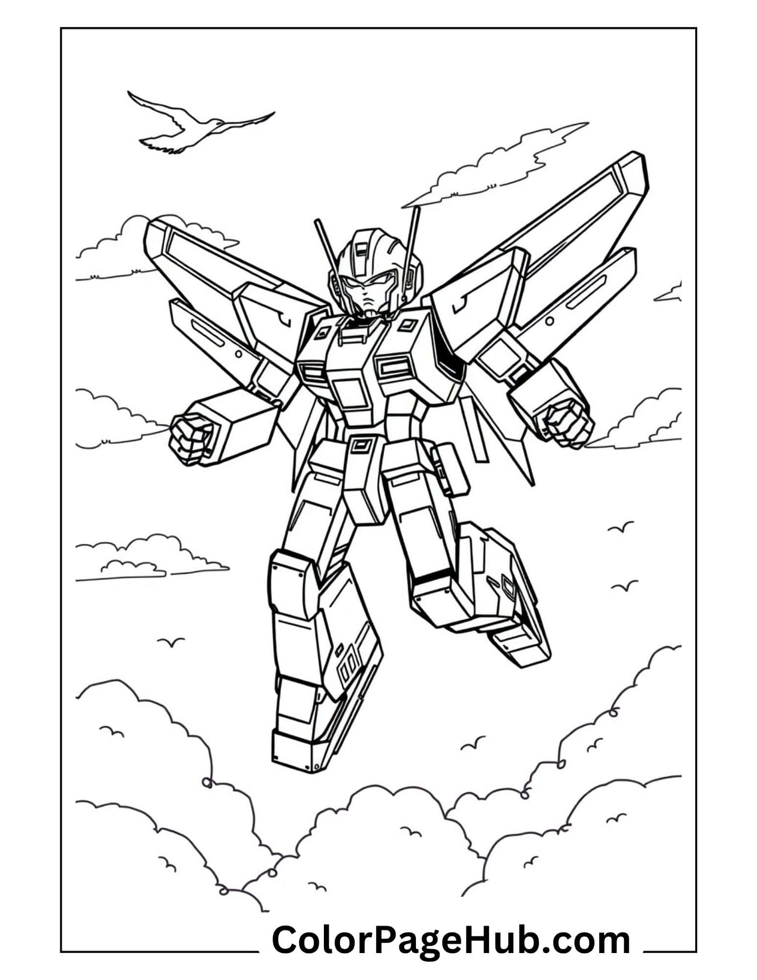 Flying Autobot warrior with wing extensions soaring through clouds - printable Transformers coloring pages for robot fans of all ages