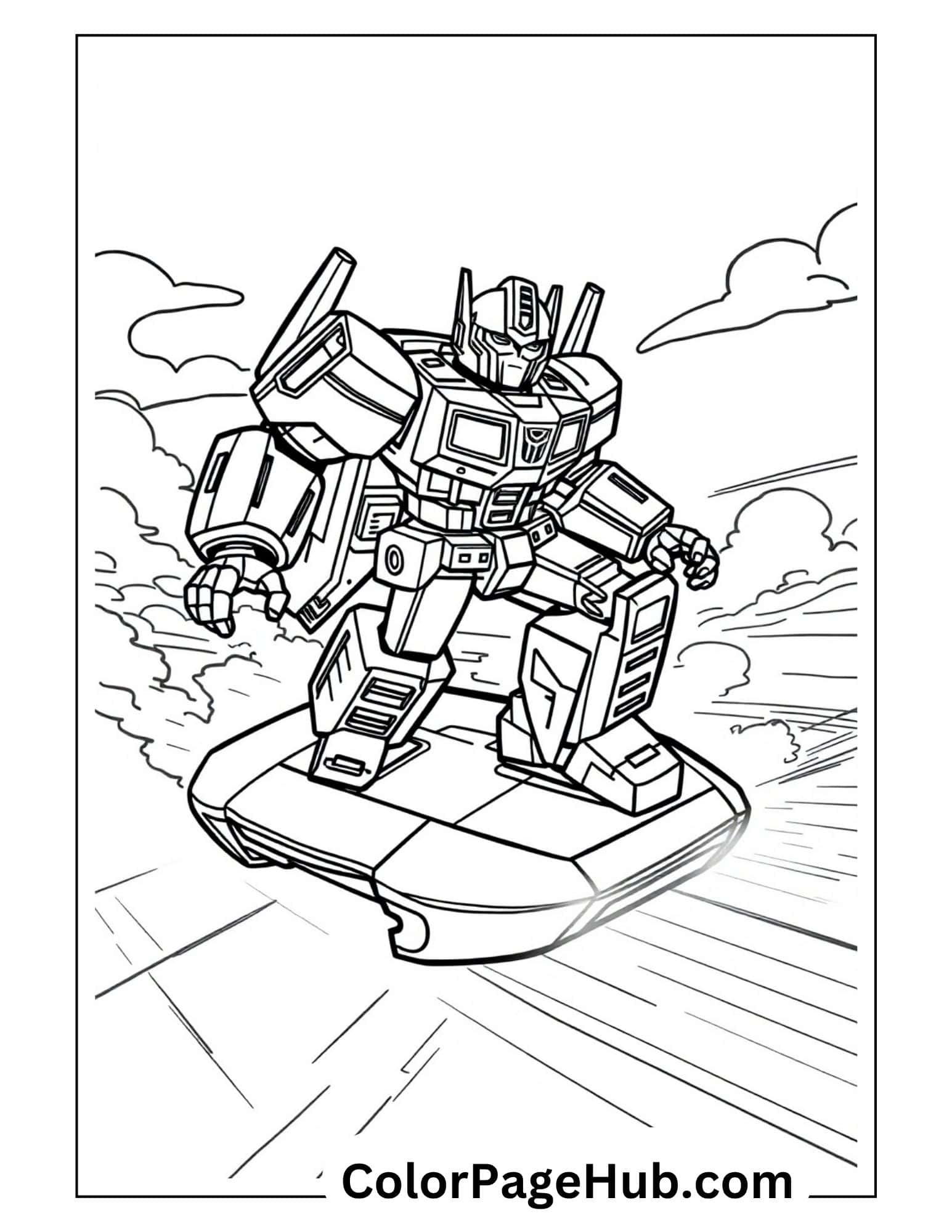 Optimus Prime zooming on hover platform through cloudy sky - action-packed Transformers coloring pages for robot fans and creative kids