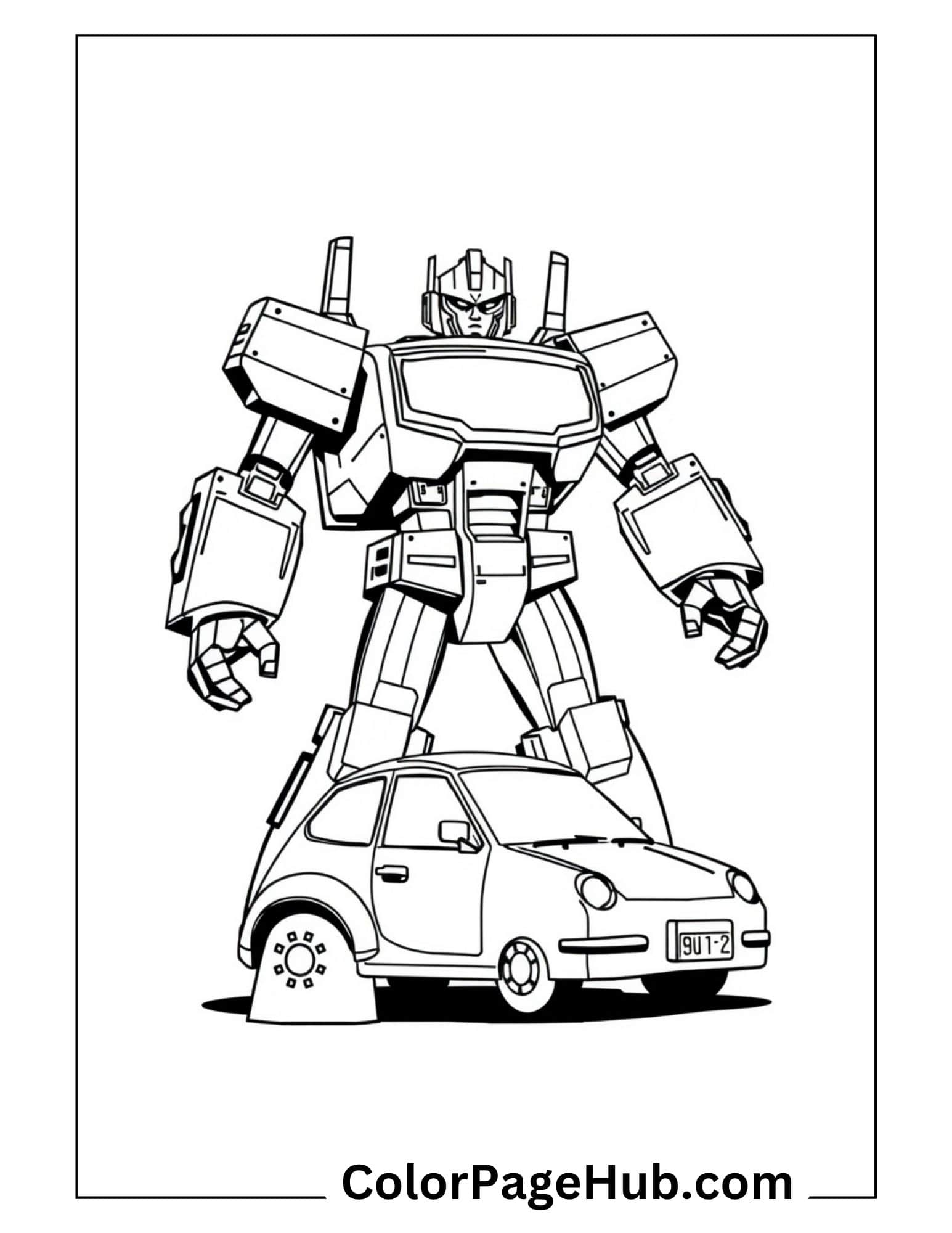 Bumblebee standing protectively over small car - transformation-themed Transformers coloring pages showing robot and vehicle forms
