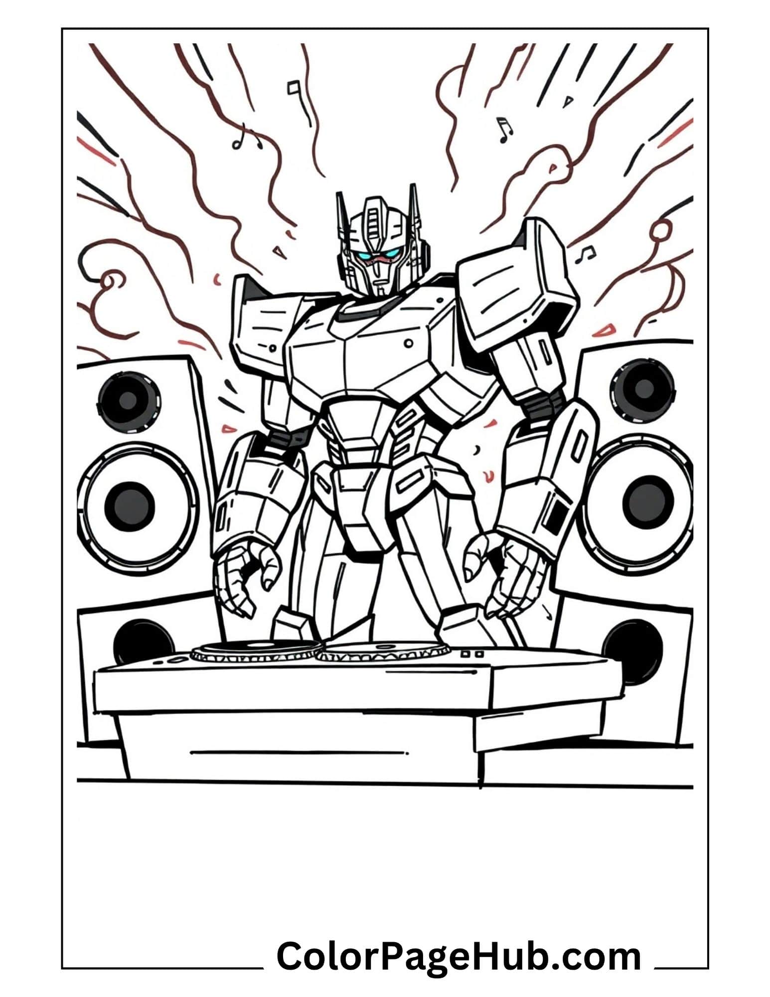 Robot DJ with turntable and speakers surrounded by music notes - cool Transformers coloring pages for music-loving kids