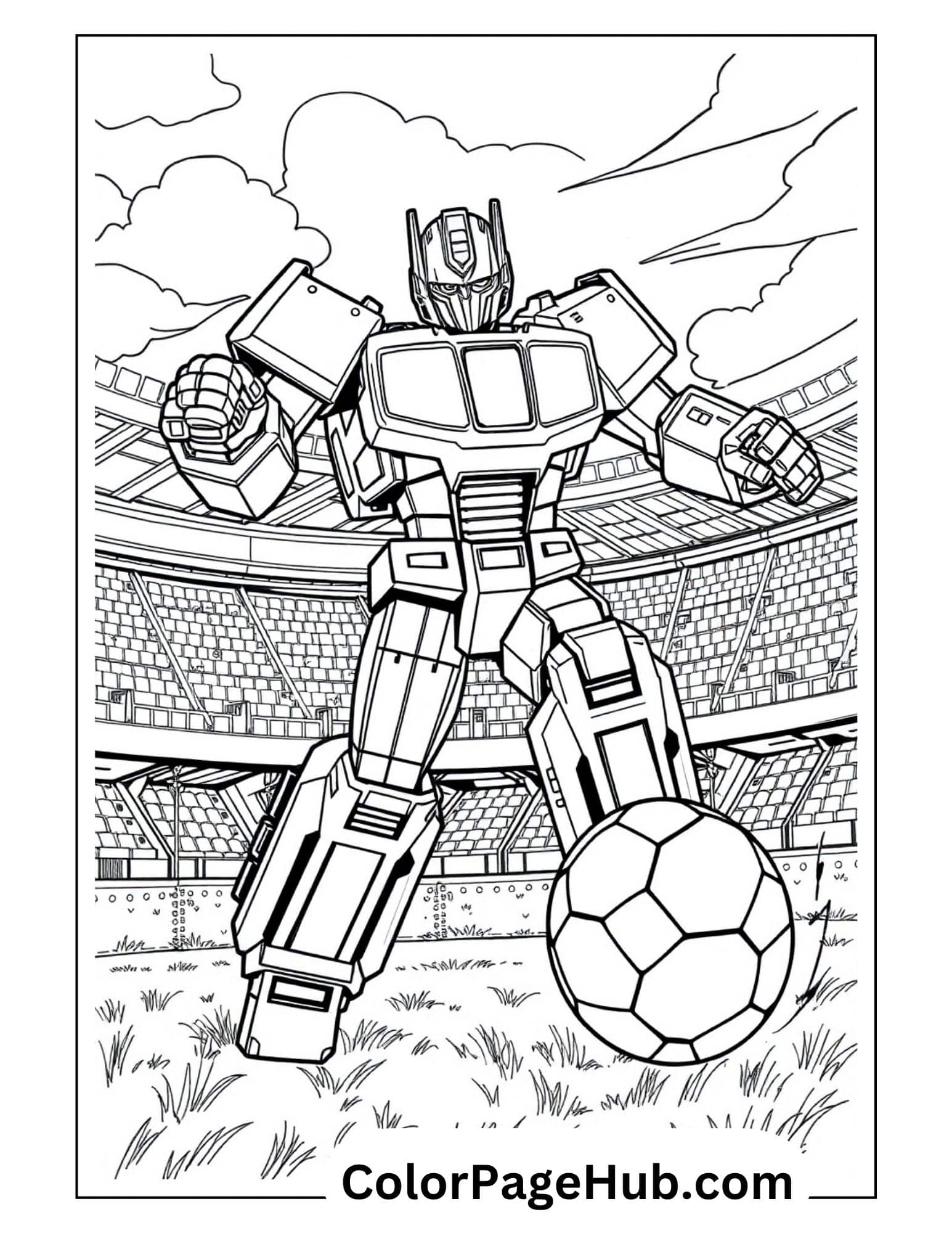 Transformer robot playing soccer in stadium with football - action-packed Transformers coloring pages for sports-loving kids